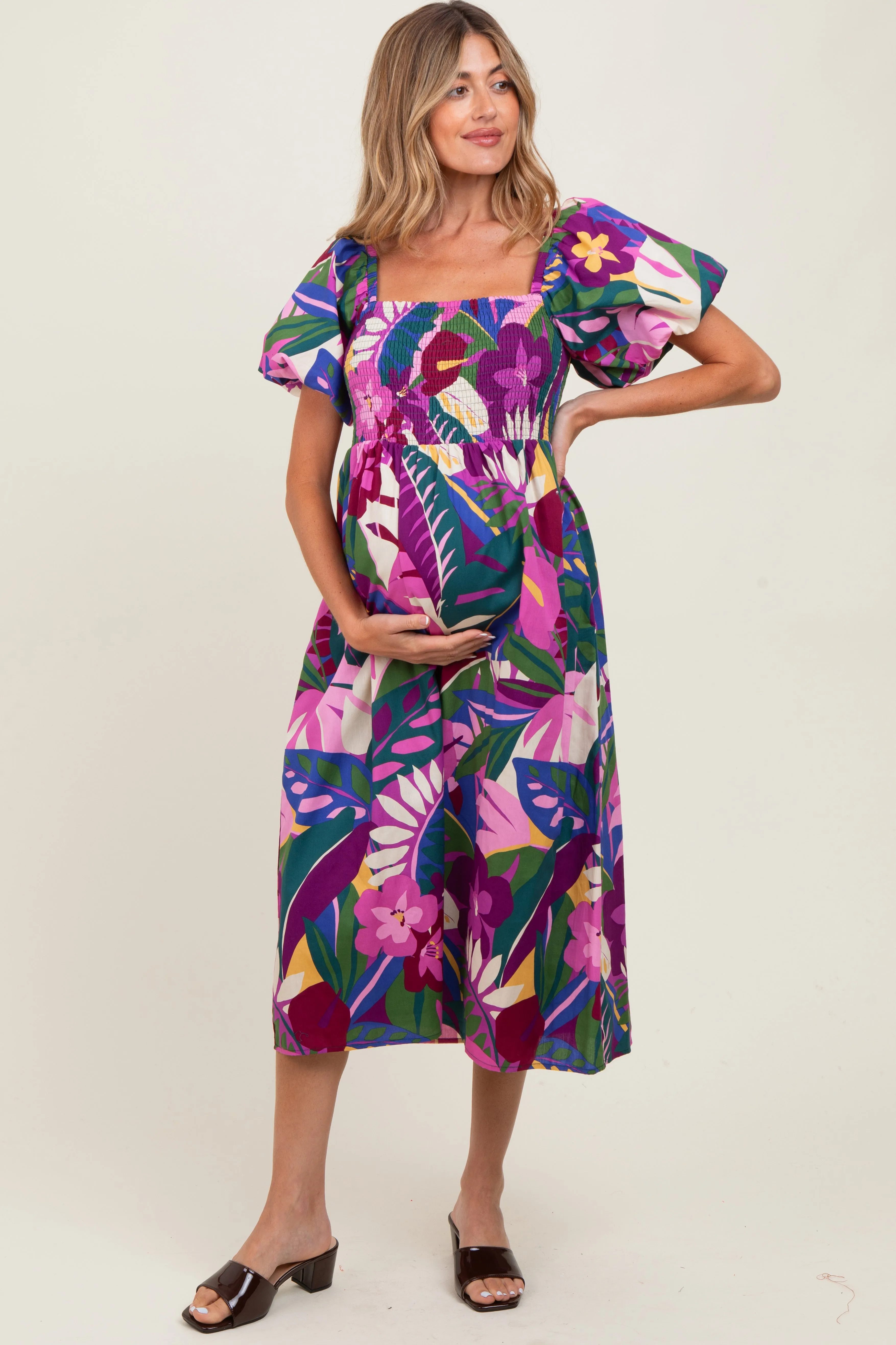 Purple Tropical Smocked Puff Sleeve Maternity Midi Dress sold by Pinkblush product image thumbnail 2