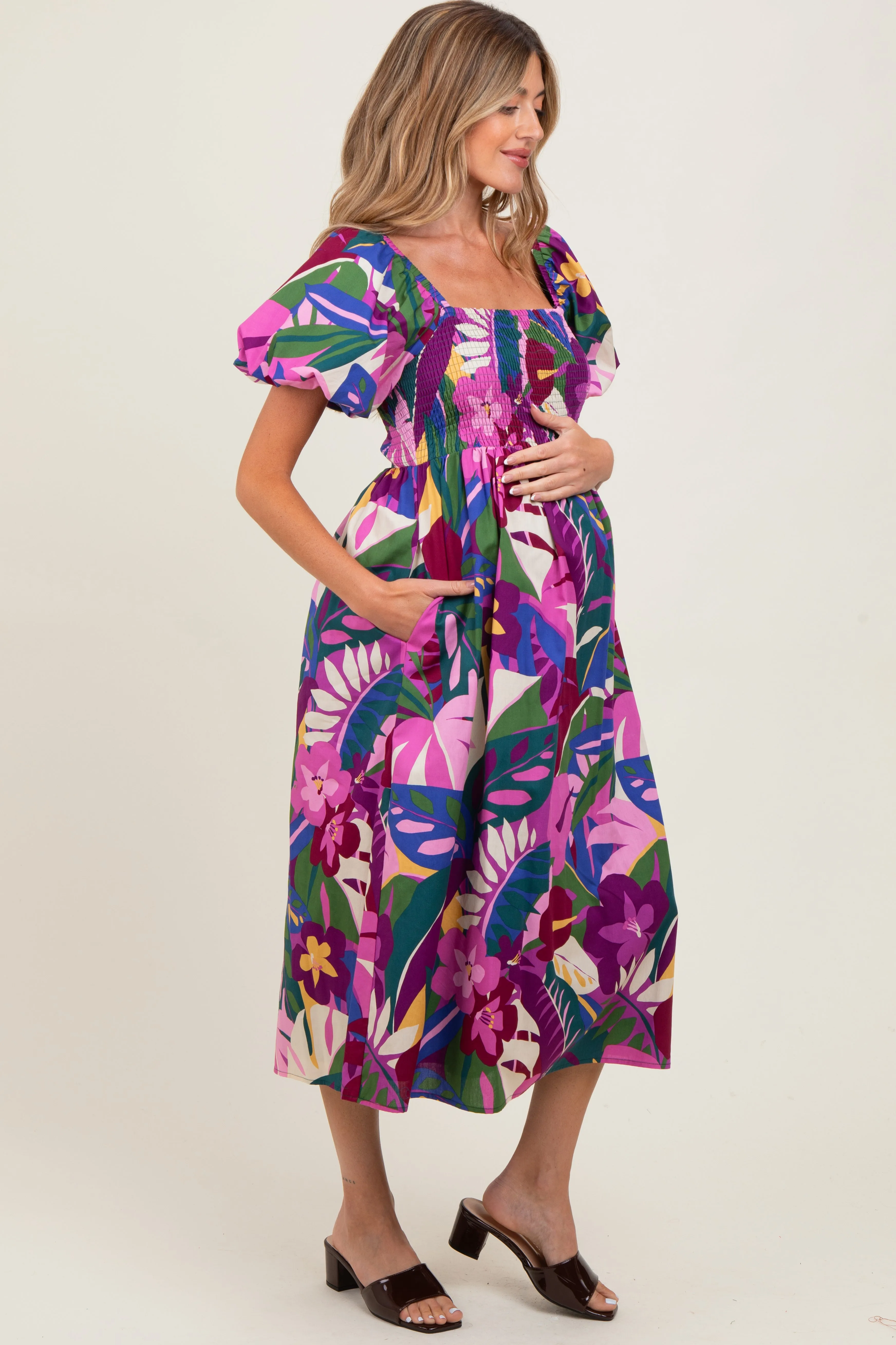 Purple Tropical Smocked Puff Sleeve Maternity Midi Dress sold by Pinkblush product image thumbnail 3