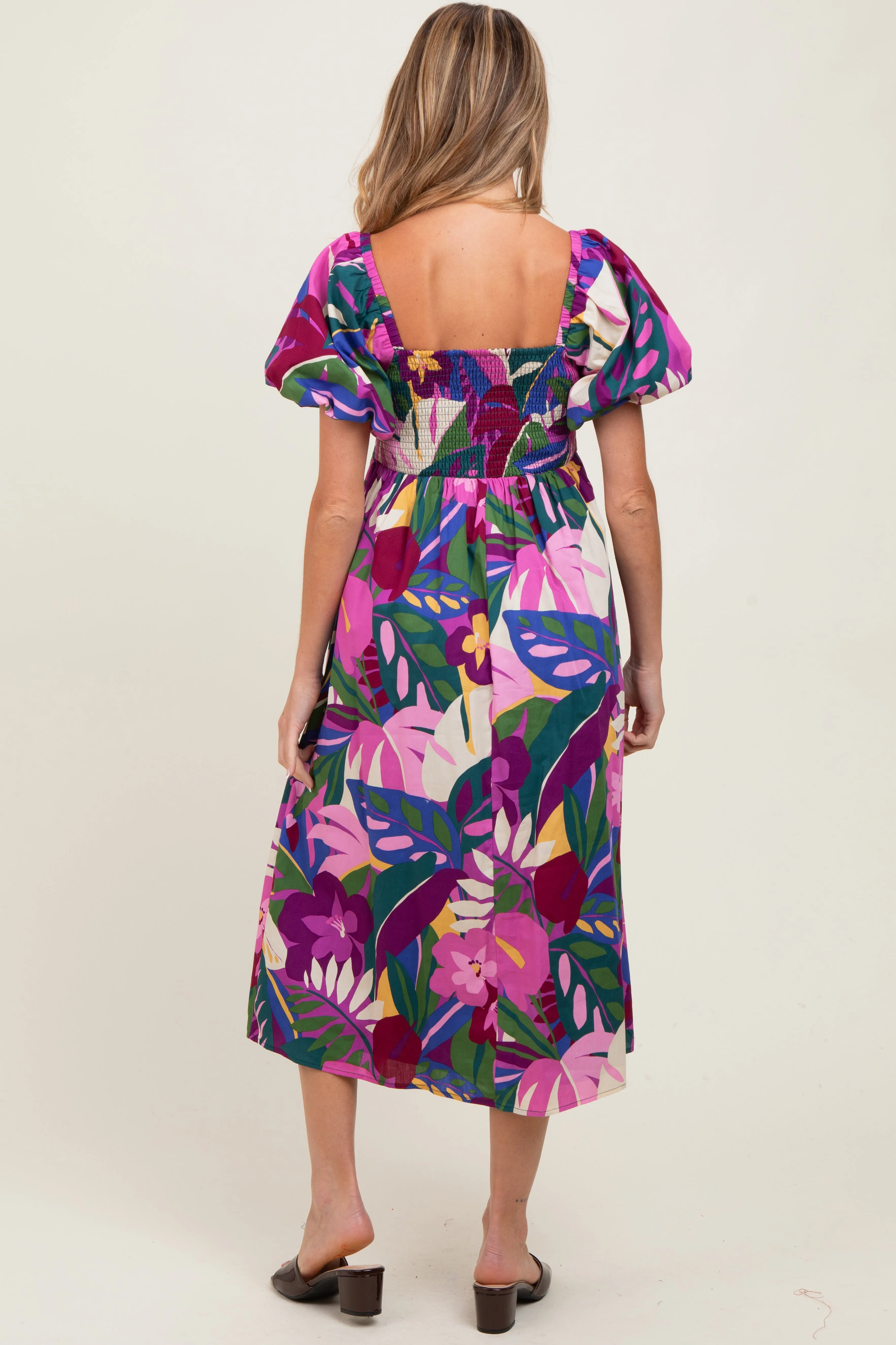 Purple Tropical Smocked Puff Sleeve Maternity Midi Dress sold by Pinkblush product image thumbnail 4