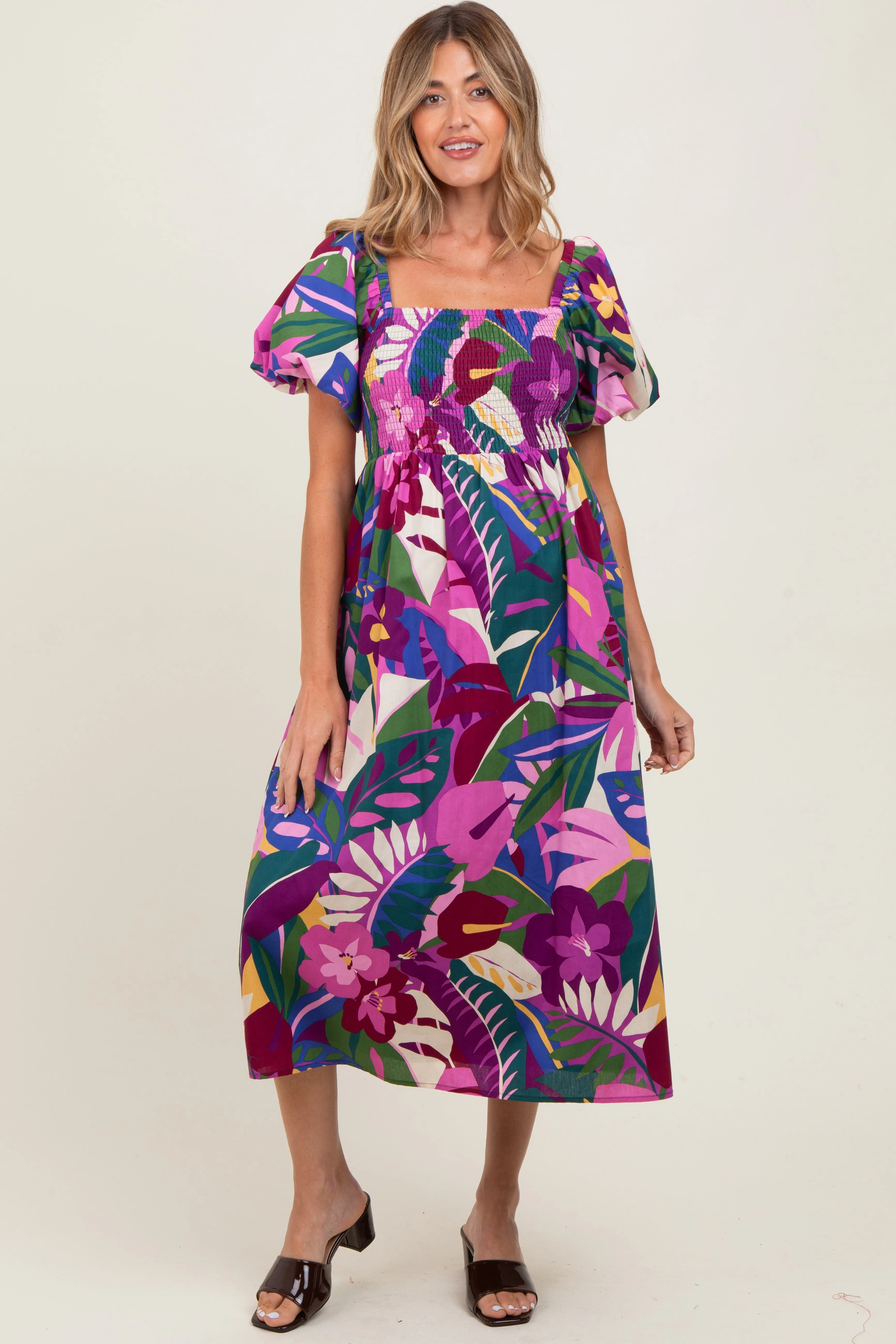 Purple Tropical Smocked Puff Sleeve Maternity Midi Dress sold by Pinkblush