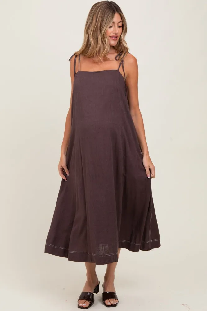 Brown Shoulder Tie Maternity Midi Dress sold by Pinkblush