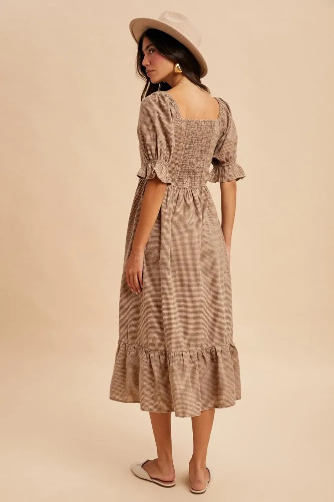 Mocha Gingham Square Neck Midi Dress sold by Pinkblush product image thumbnail 4