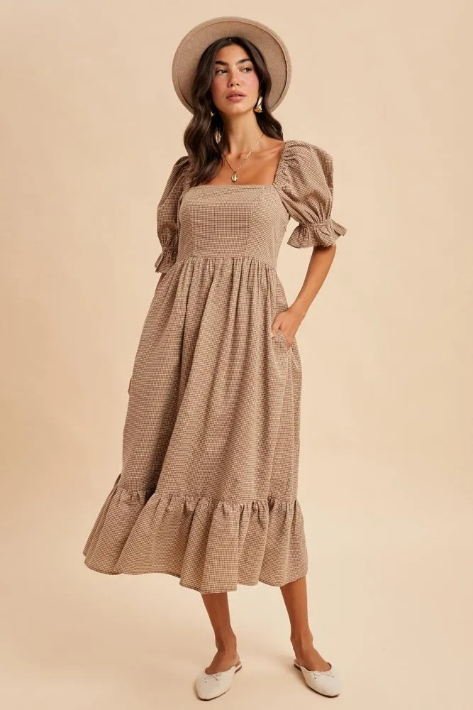 Mocha Gingham Square Neck Midi Dress sold by Pinkblush