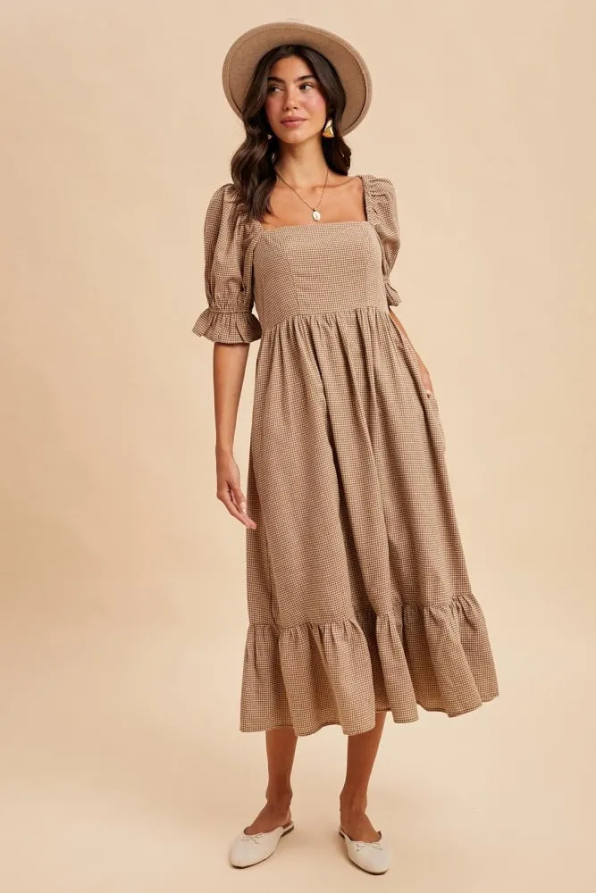 Mocha Gingham Square Neck Midi Dress sold by Pinkblush product image thumbnail 2