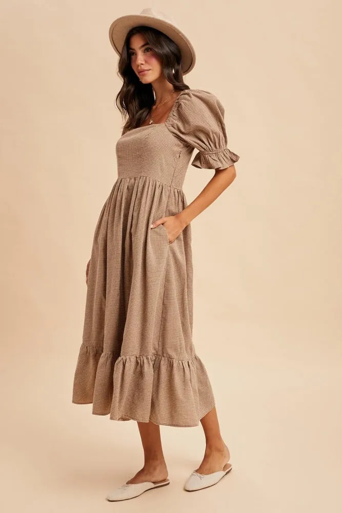 Mocha Gingham Square Neck Midi Dress sold by Pinkblush product image thumbnail 3