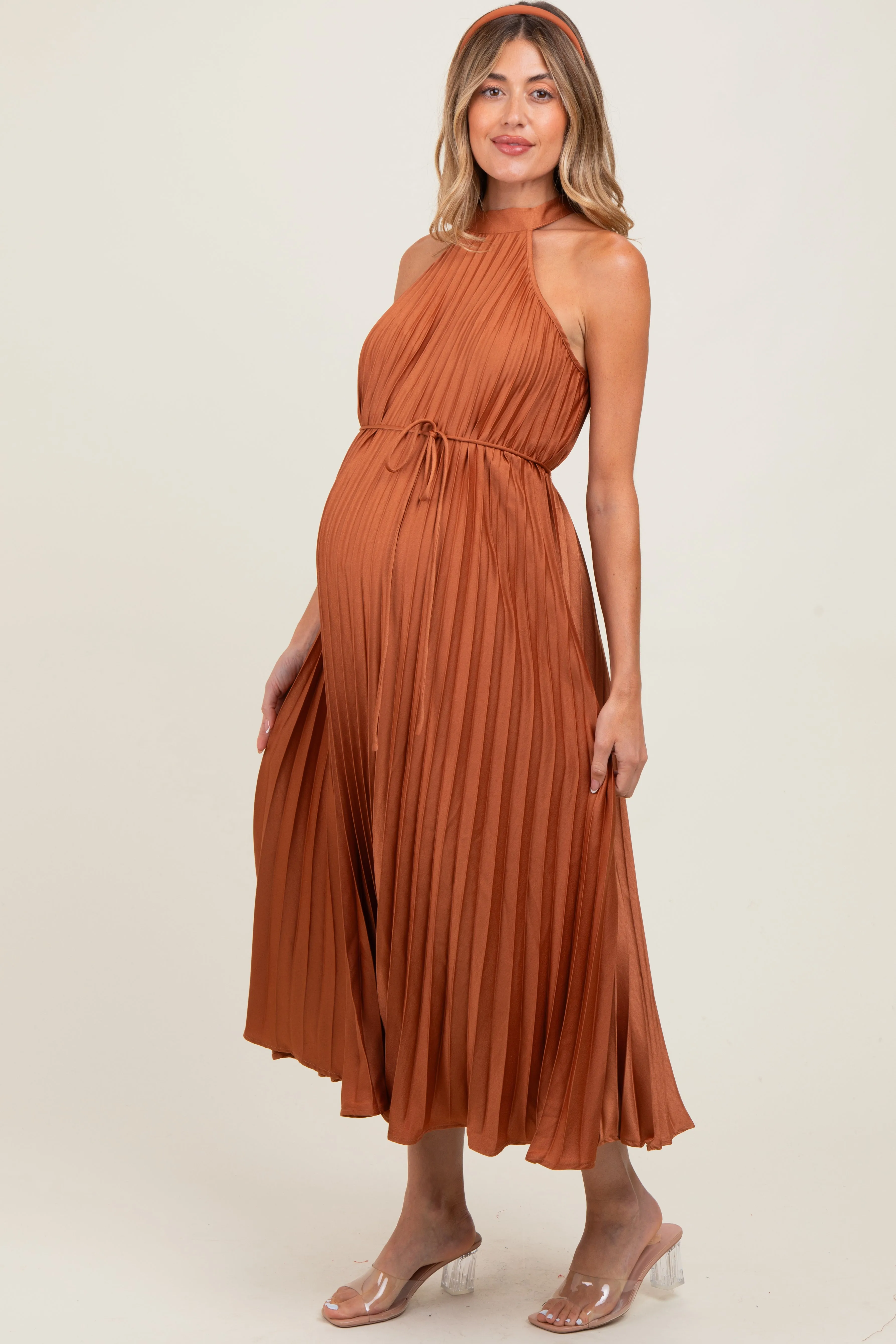 Mocha Pleated Maternity Halter Dress sold by Pinkblush product image thumbnail 3