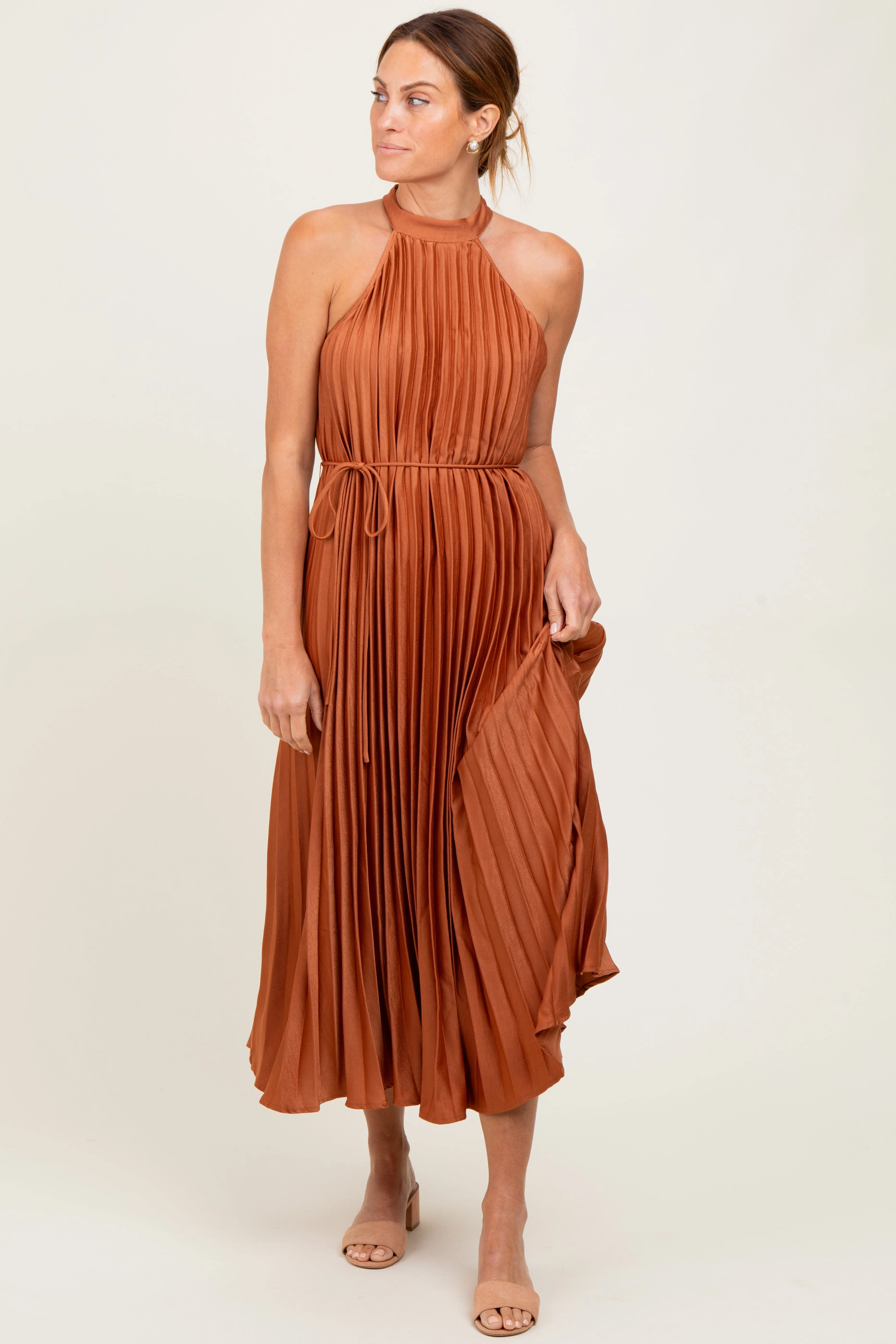 Mocha Pleated Maternity Halter Dress sold by Pinkblush product image thumbnail 4