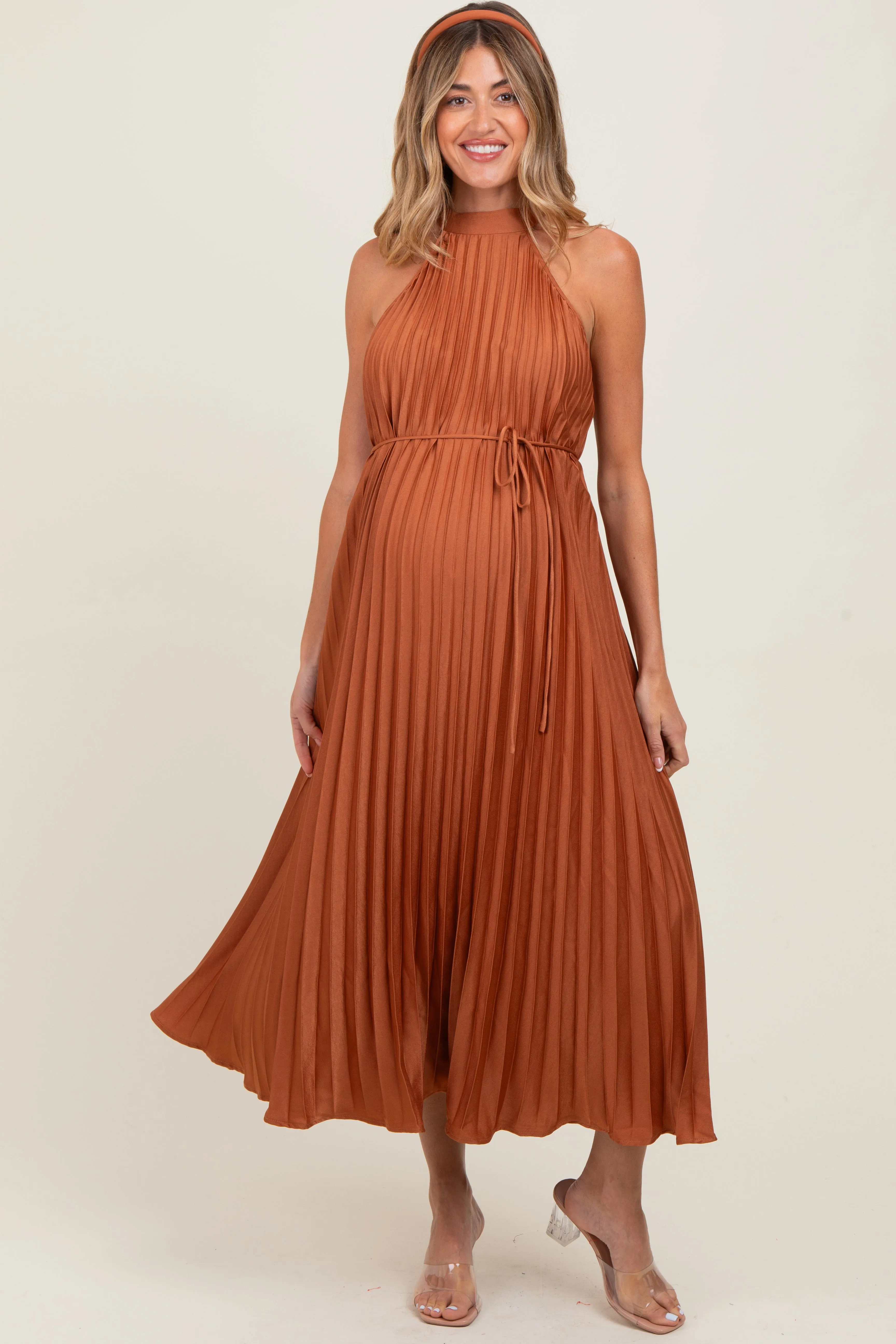 Mocha Pleated Maternity Halter Dress sold by Pinkblush