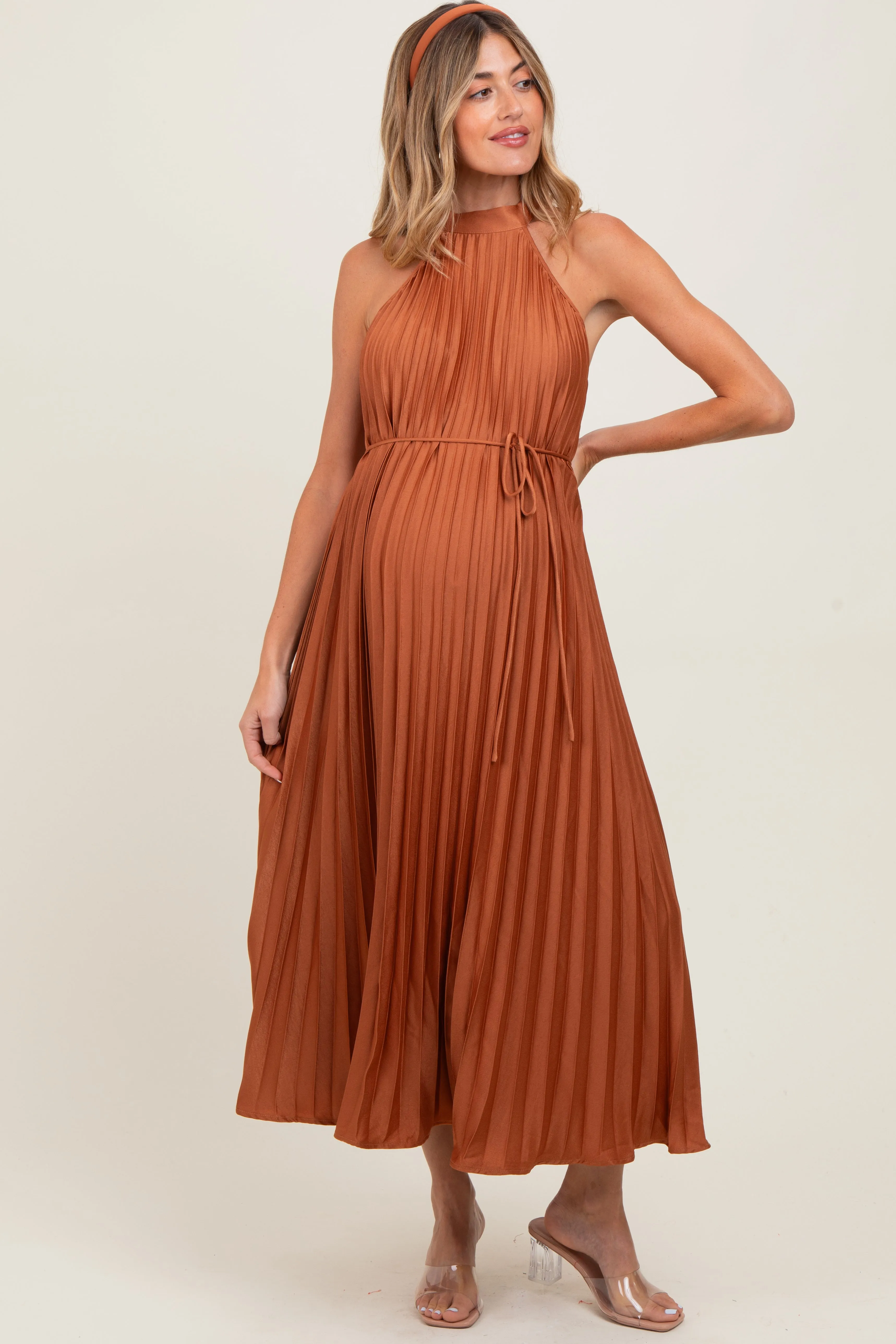 Mocha Pleated Maternity Halter Dress sold by Pinkblush product image thumbnail 2