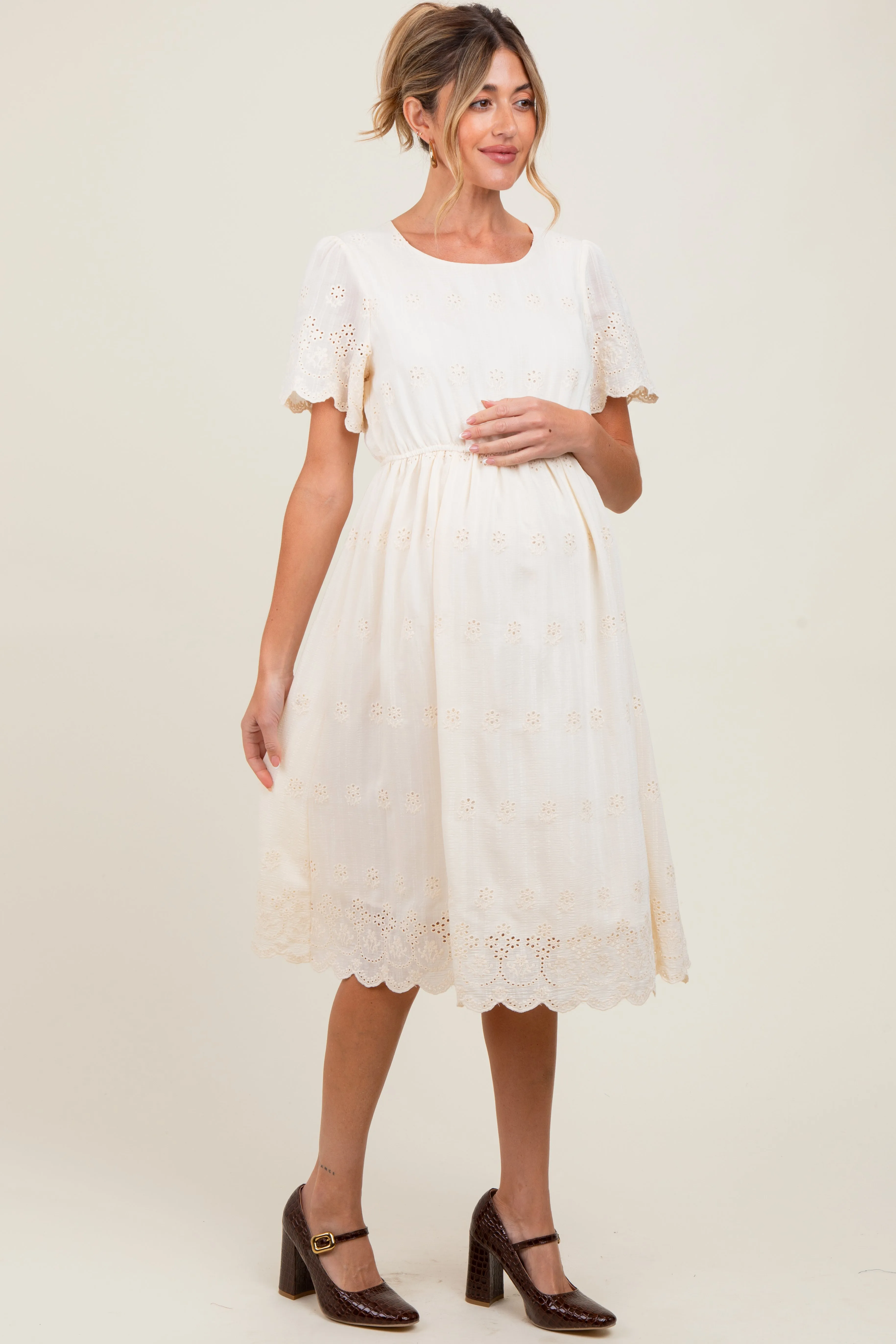 Cream Eyelet Lace Scallop Hem Maternity Midi Dress sold by Pinkblush product image thumbnail 3