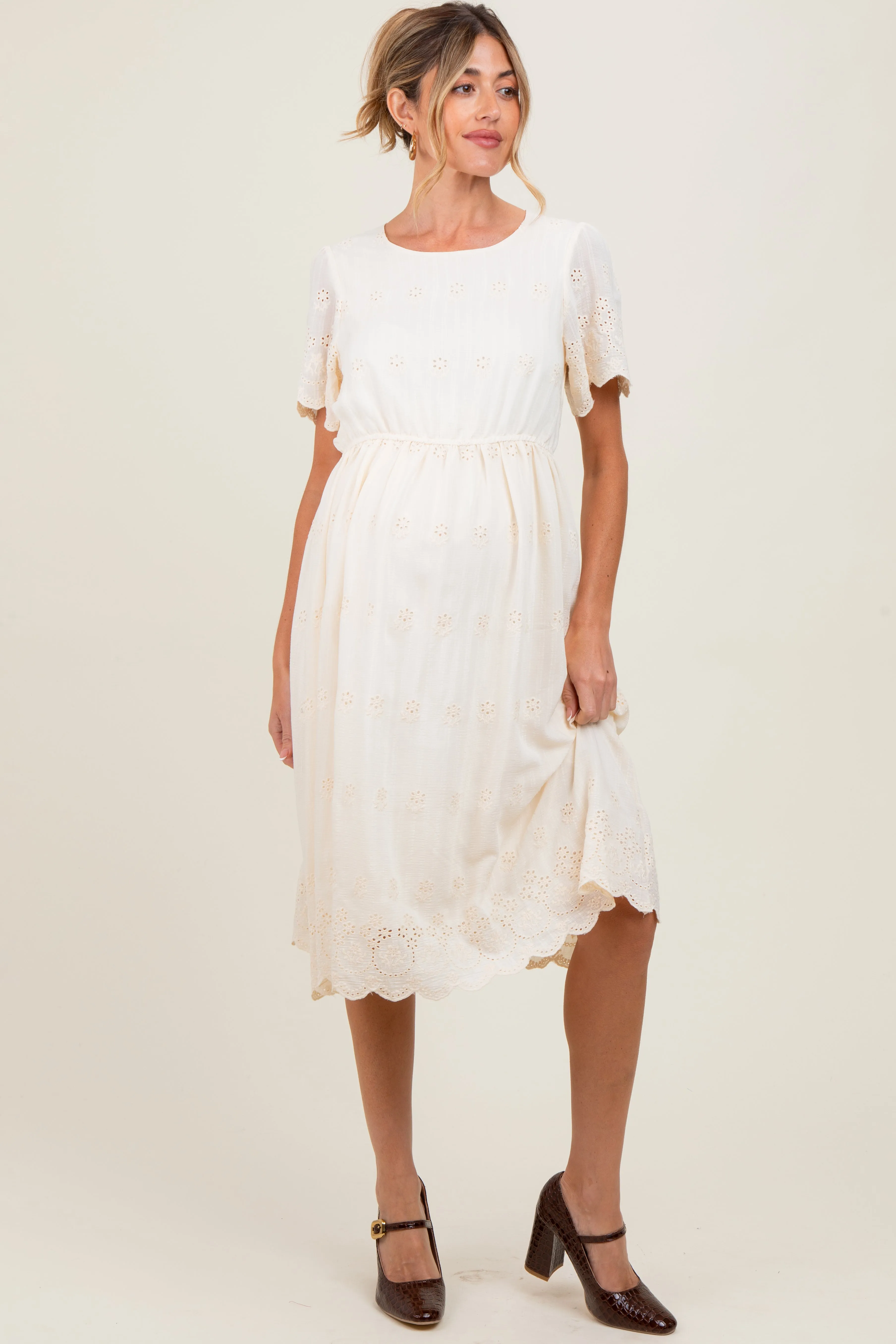 Cream Eyelet Lace Scallop Hem Maternity Midi Dress sold by Pinkblush