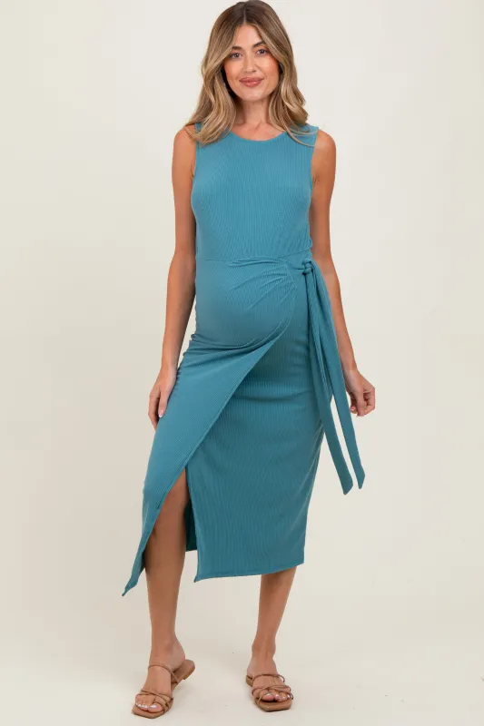 Teal Sleeveless Wrap Tie Waist Maternity Midi Dress sold by Pinkblush