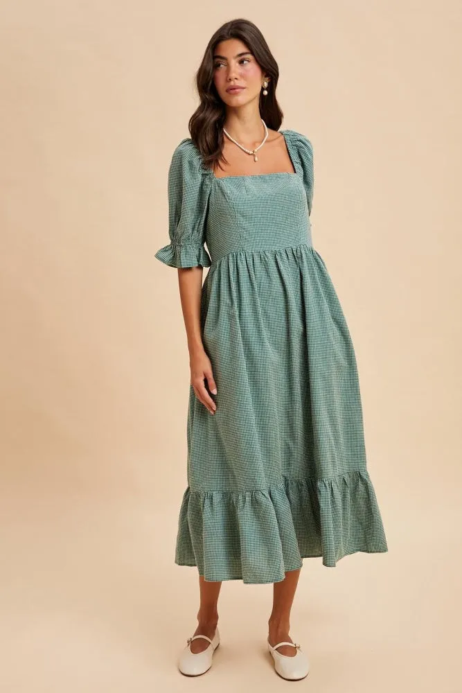 Teal Gingham Square Neck Midi Dress sold by Pinkblush