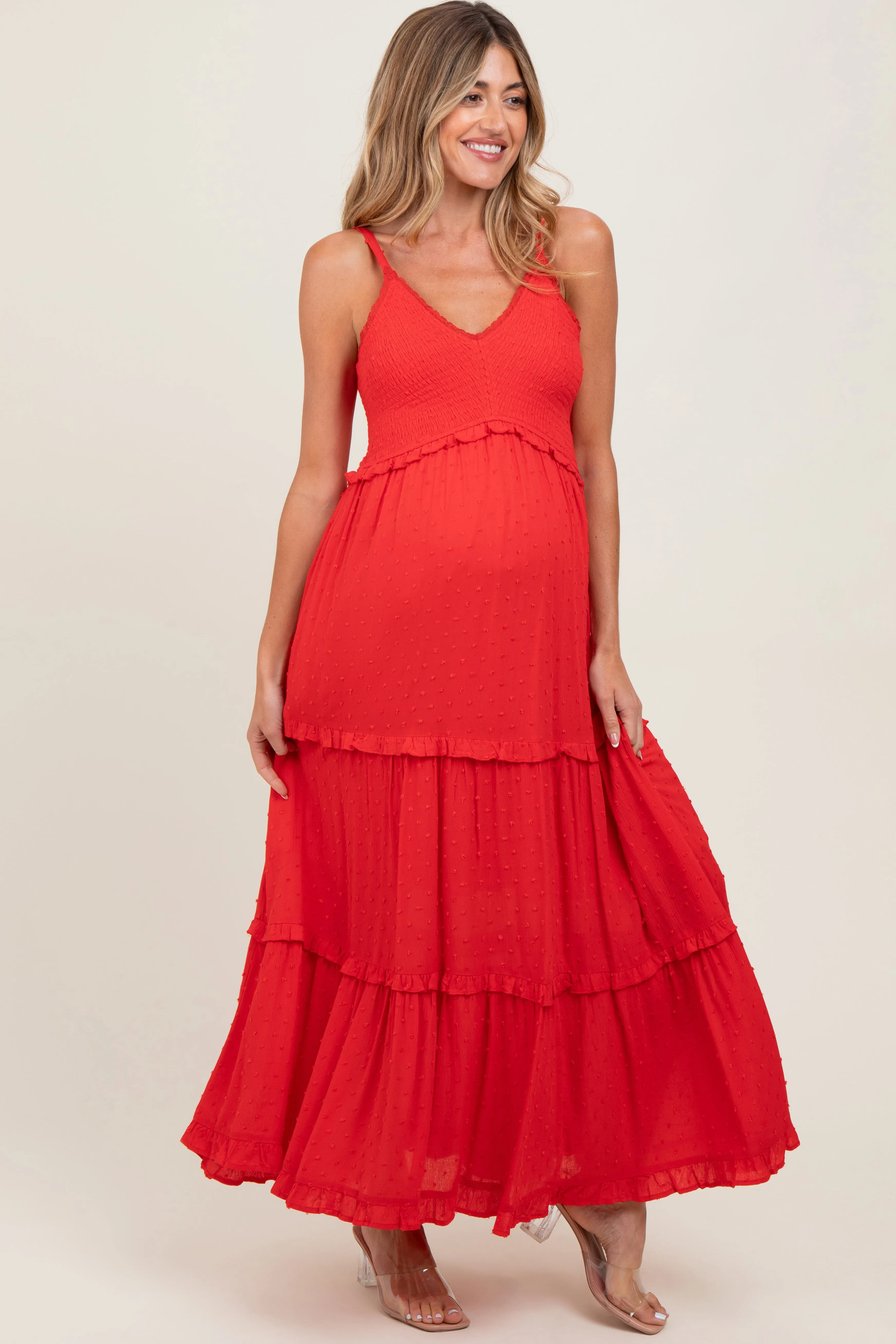 Red Swiss Dot Smocked Sleeveless Maternity Maxi Dress sold by Pinkblush product image thumbnail 3