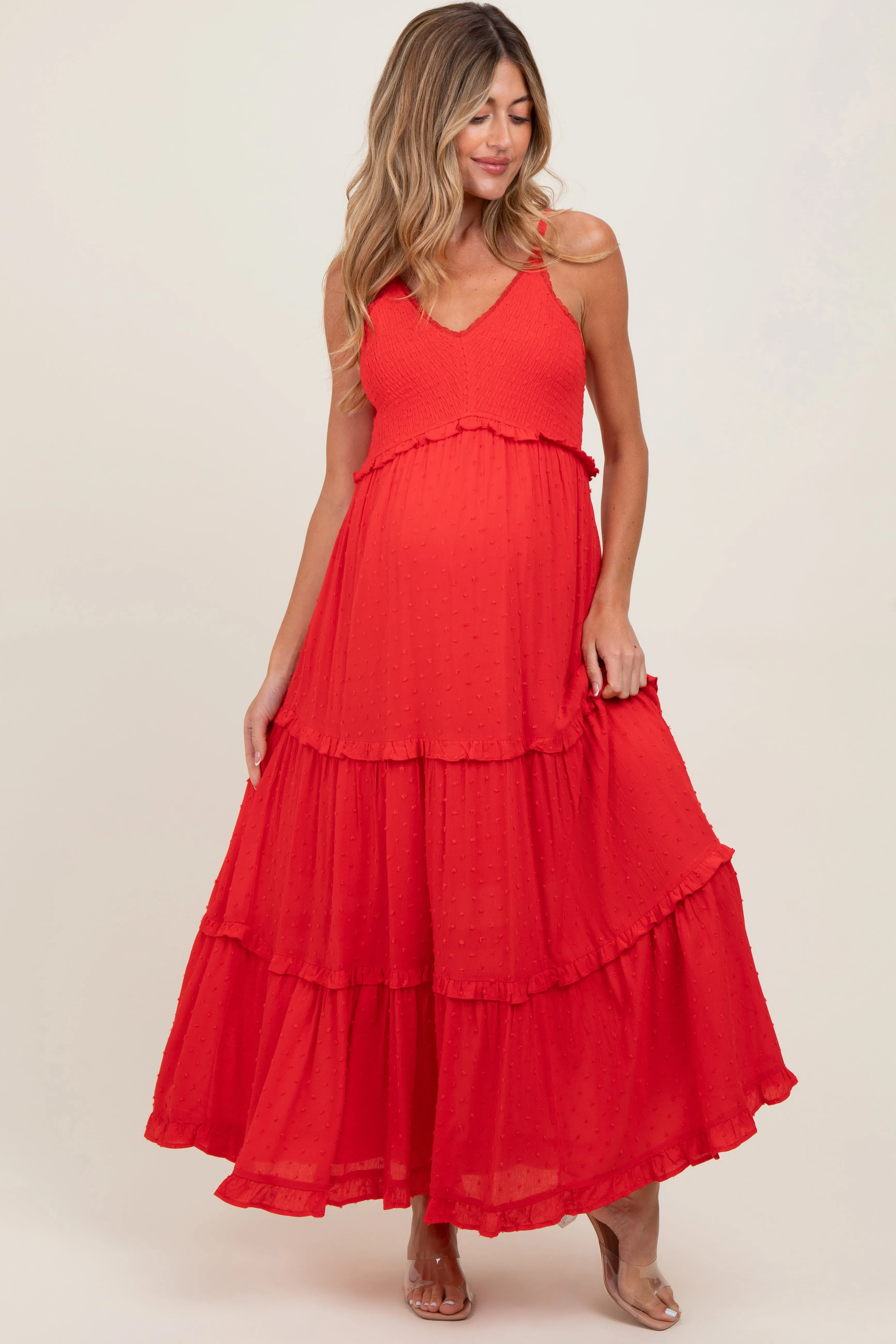 Red Swiss Dot Smocked Sleeveless Maternity Maxi Dress sold by Pinkblush