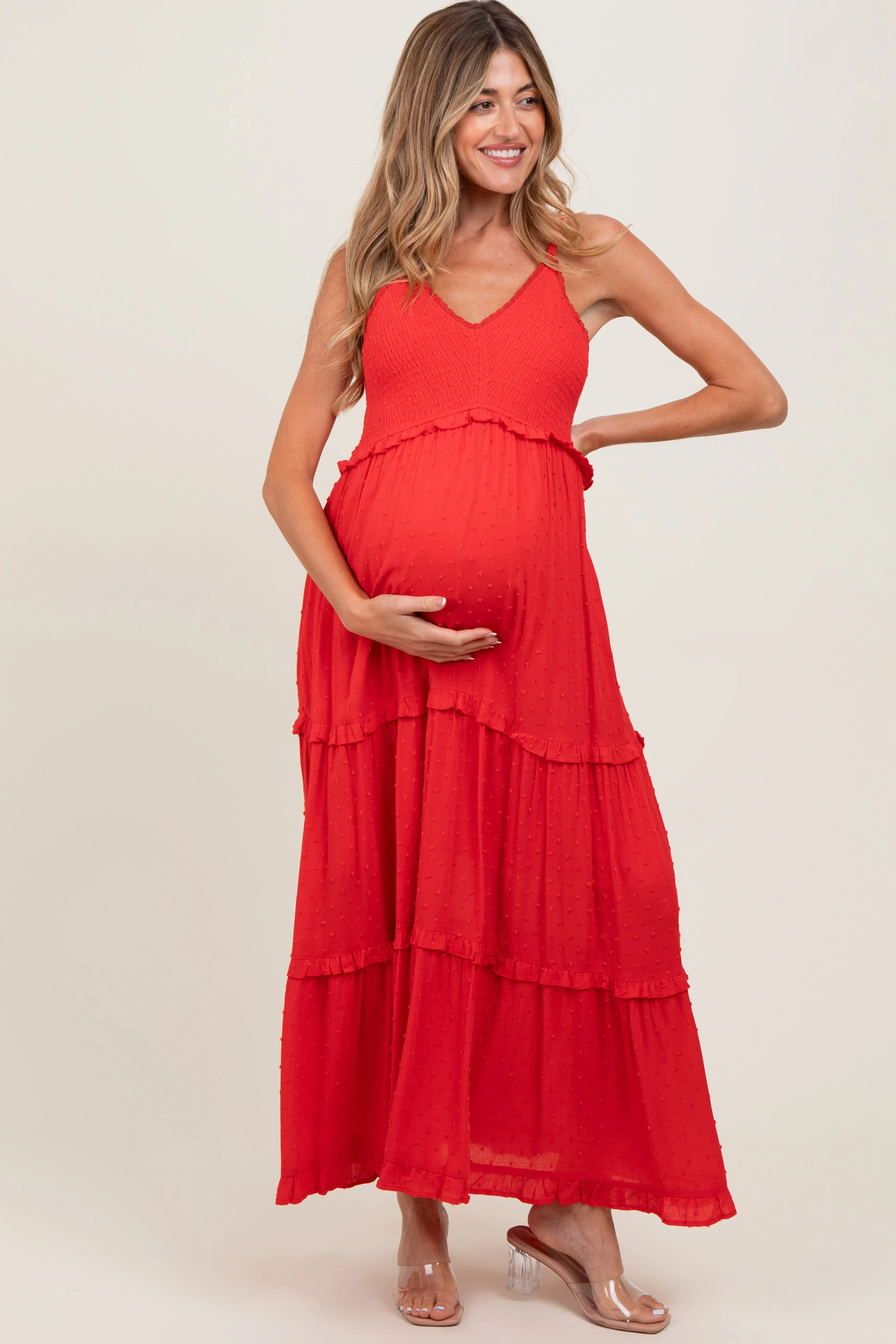 Red Swiss Dot Smocked Sleeveless Maternity Maxi Dress sold by Pinkblush product image thumbnail 2