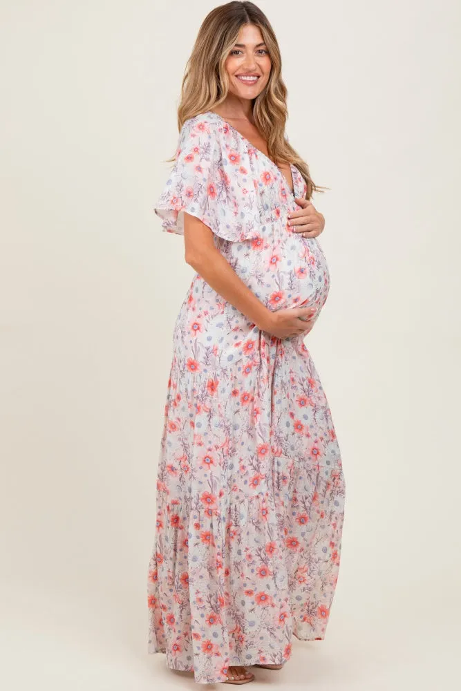Coral Floral V-Neck Flowy Tiered Maternity Maxi Dress sold by Pinkblush product image thumbnail 2