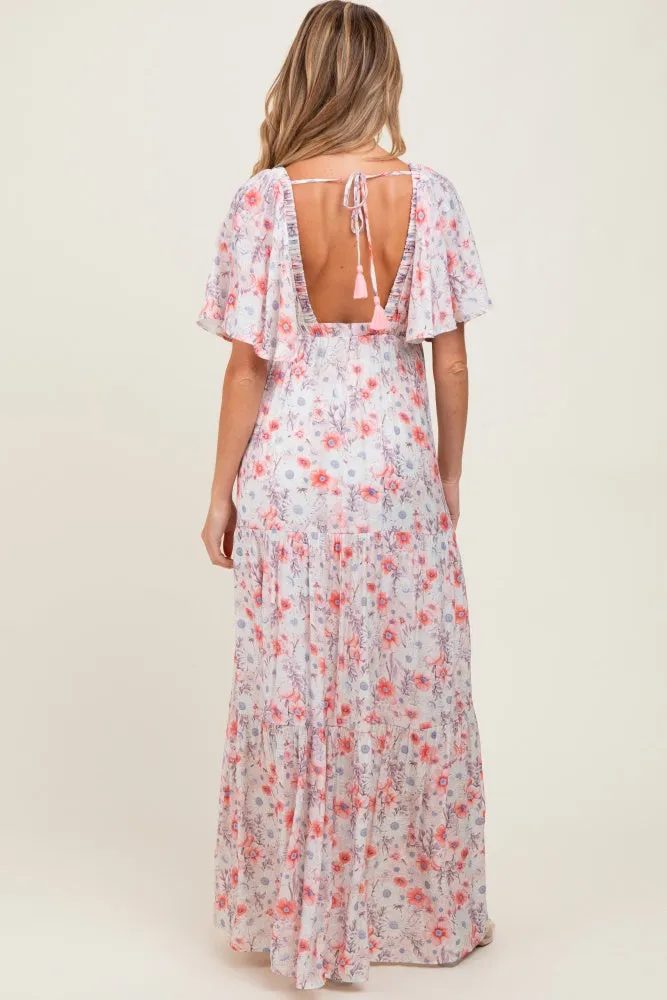 Coral Floral V-Neck Flowy Tiered Maternity Maxi Dress sold by Pinkblush product image thumbnail 3