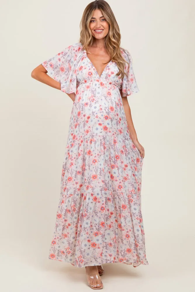 Coral Floral V-Neck Flowy Tiered Maternity Maxi Dress sold by Pinkblush