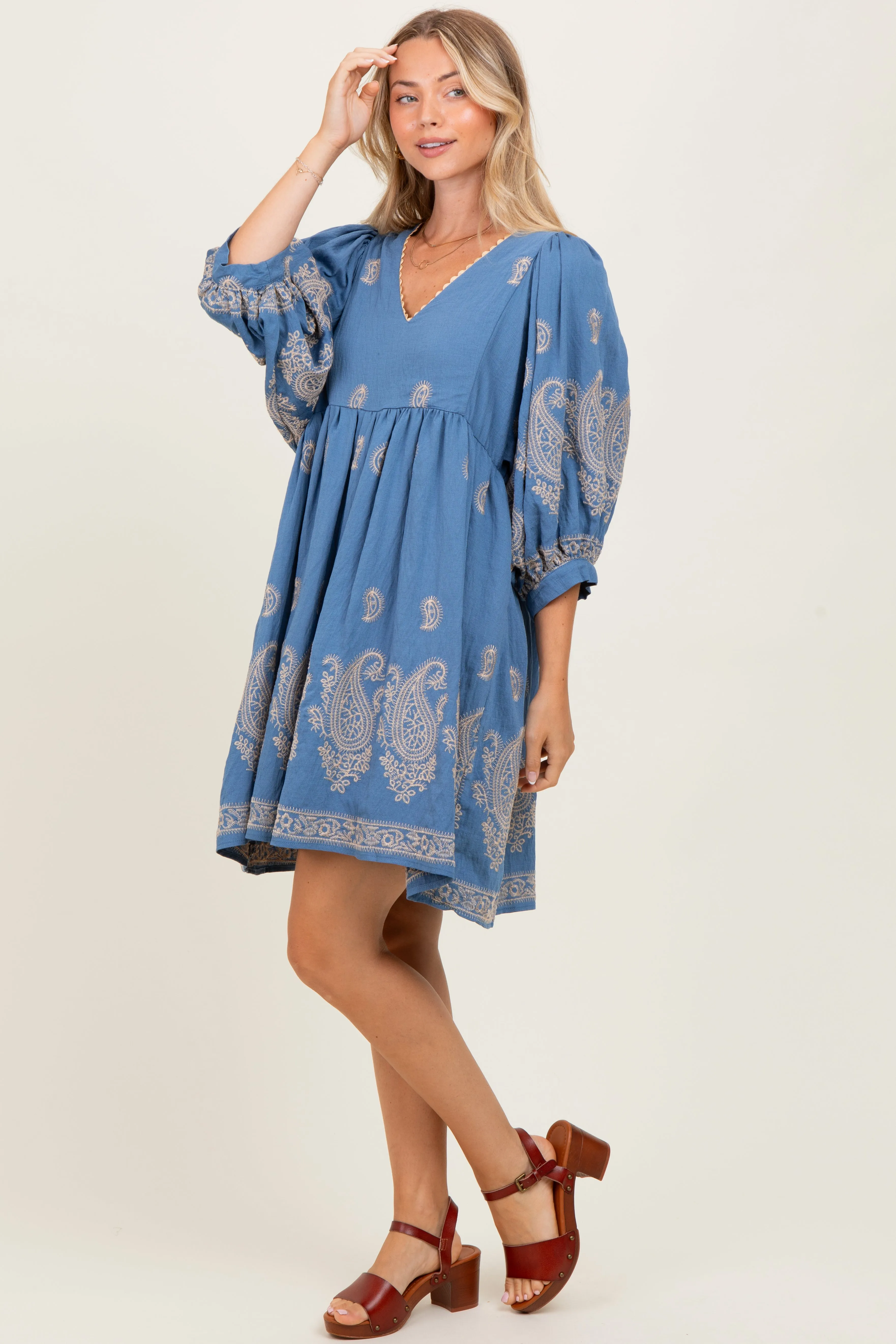 Blue Paisley Embroidered Bubble Sleeve Dress sold by Pinkblush product image thumbnail 3