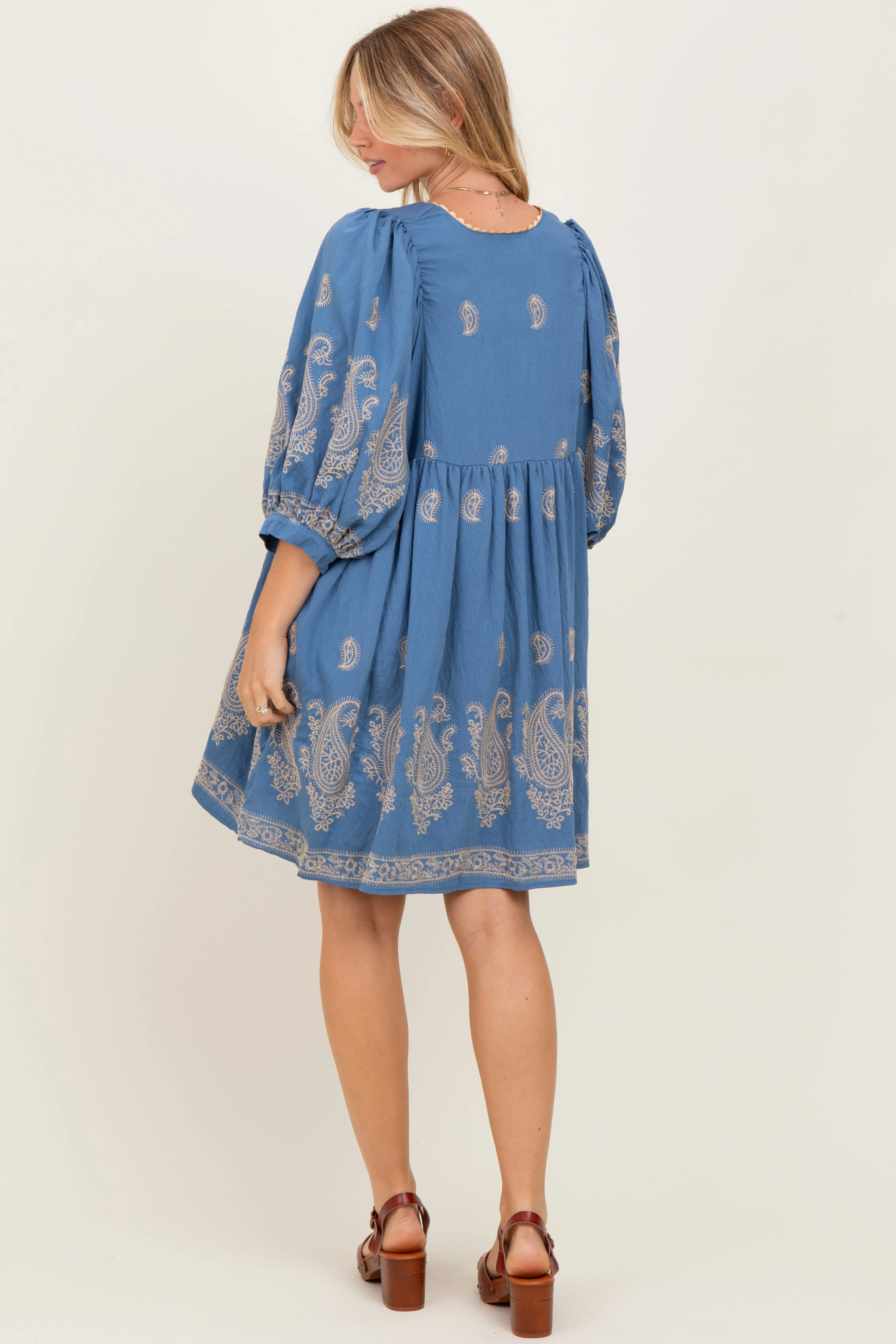 Blue Paisley Embroidered Bubble Sleeve Dress sold by Pinkblush product image thumbnail 4