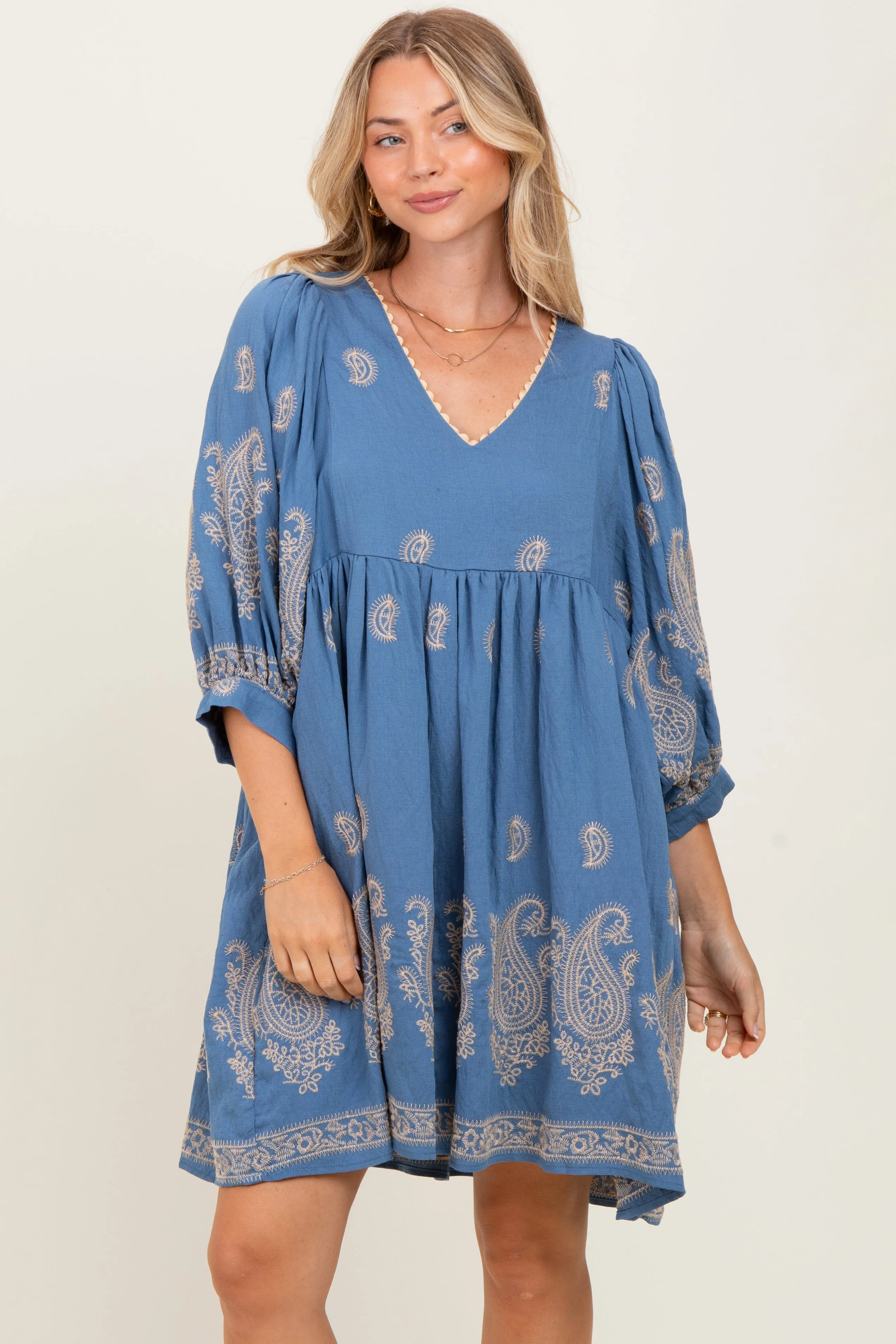 Blue Paisley Embroidered Bubble Sleeve Dress sold by Pinkblush