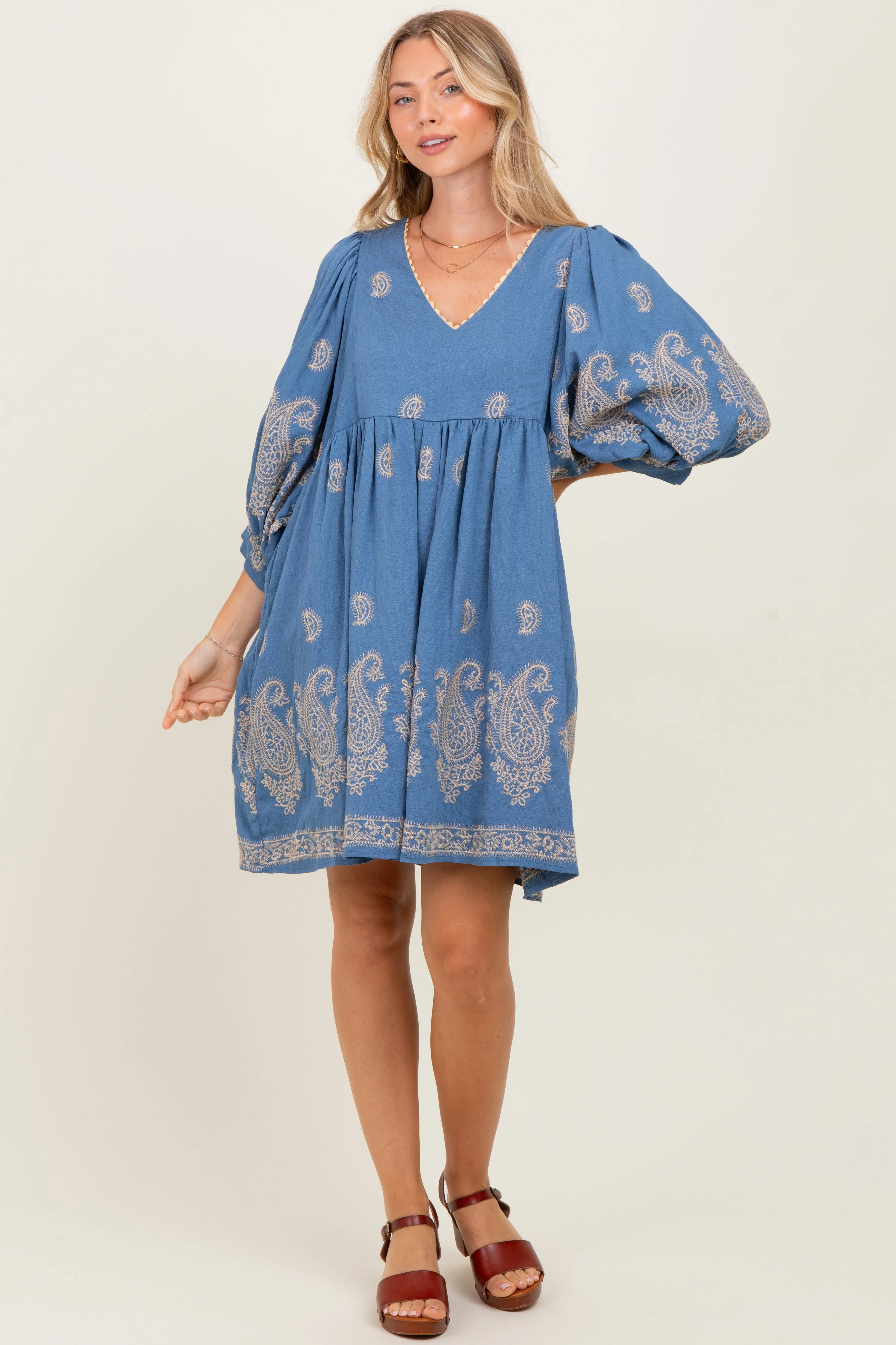 Blue Paisley Embroidered Bubble Sleeve Dress sold by Pinkblush product image thumbnail 2