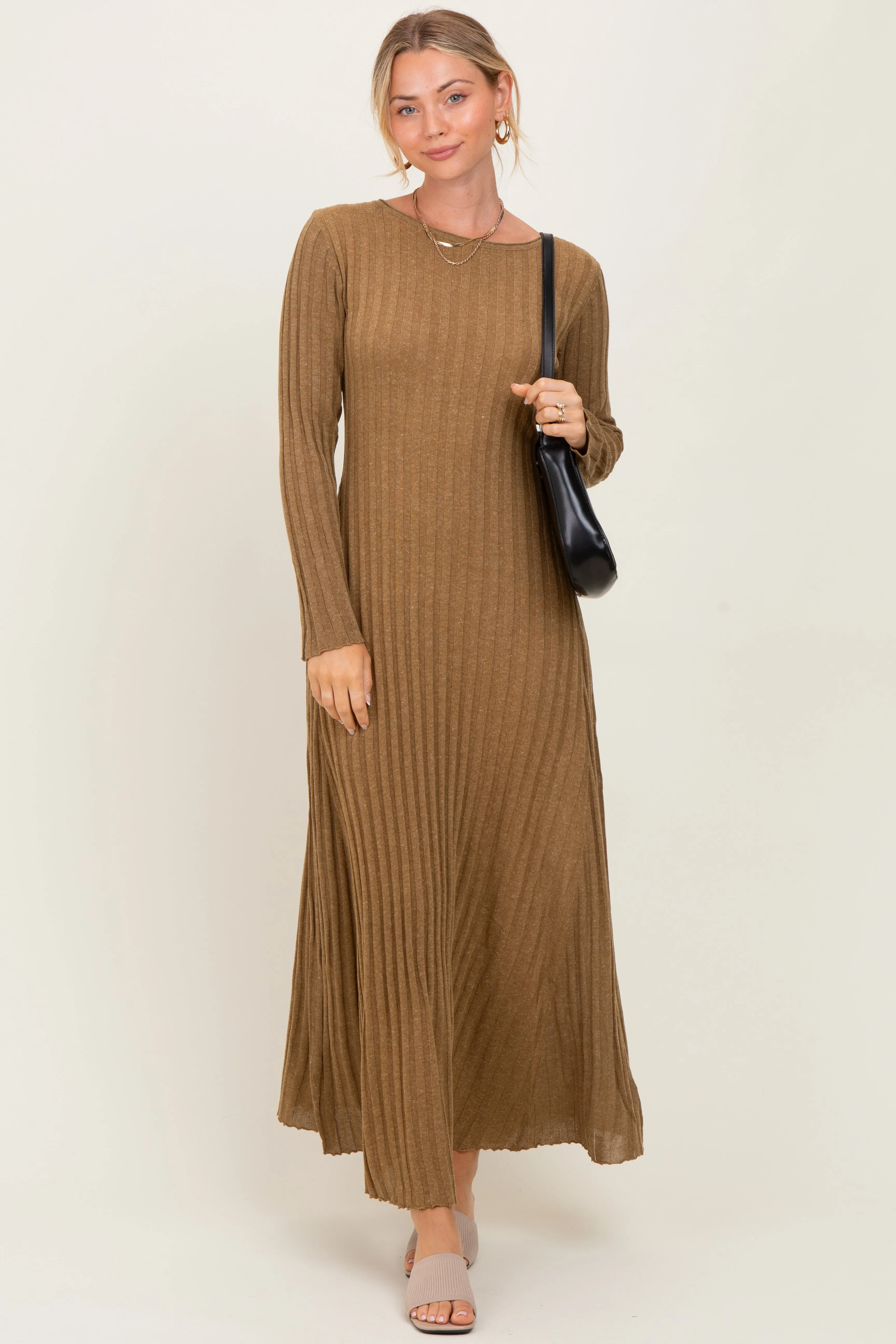 Mocha Ribbed Long Sleeve Maxi Dress sold by Pinkblush