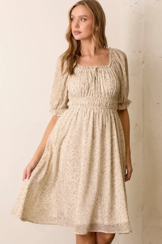 Cream Floral Square Neck Ruffle Accent Midi Dress sold by Pinkblush