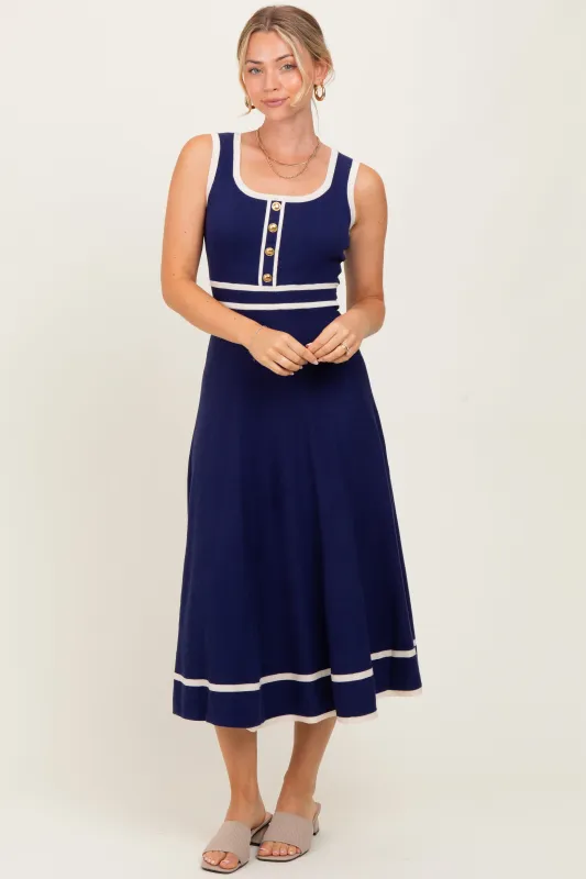 Navy Ribbed Knit Button Accent Sleeveless Midi Dress sold by Pinkblush
