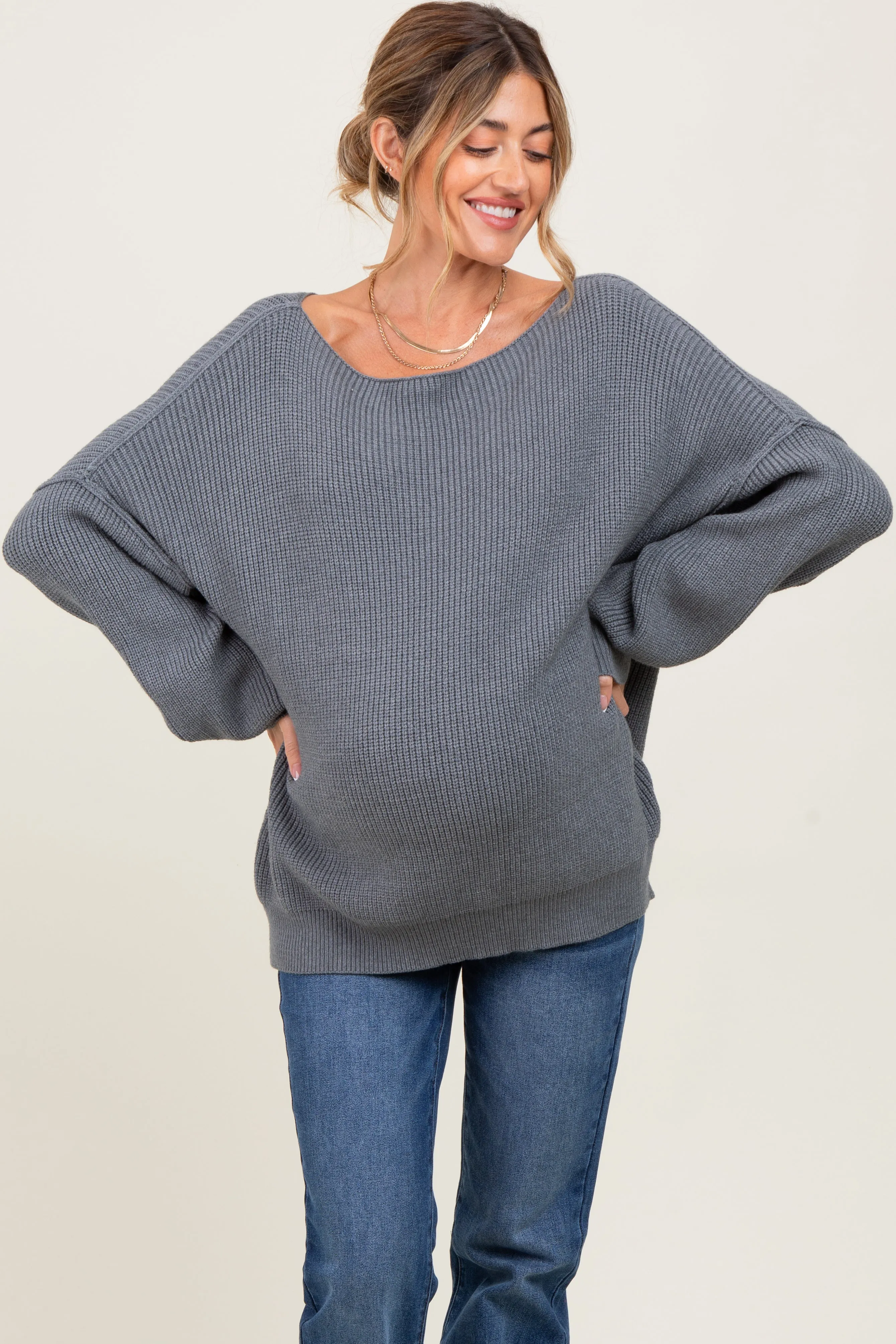 Charcoal Balloon Sleeve Boat Neck Knit Maternity Sweater sold by Pinkblush product image thumbnail 2