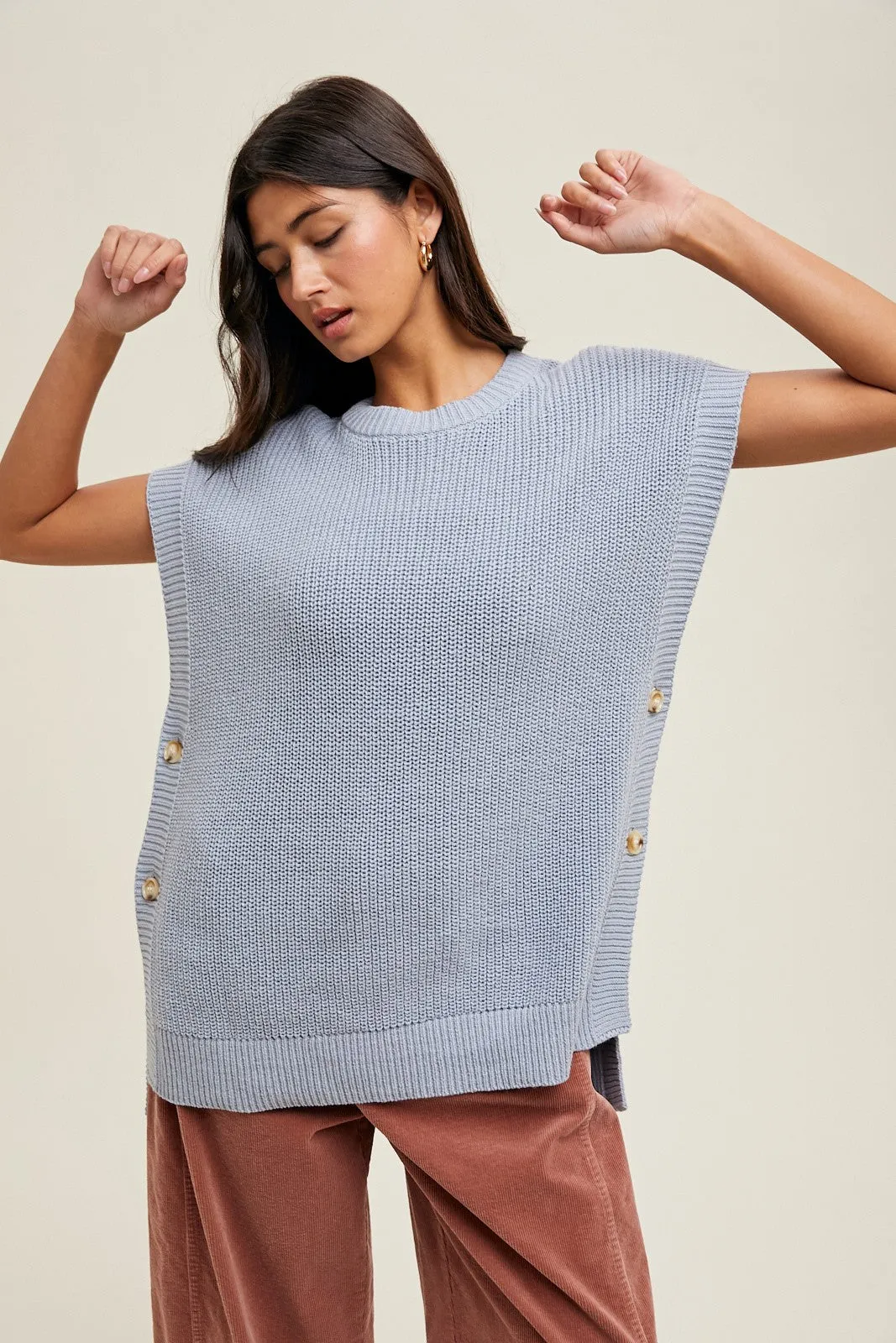 Blue Oversized Side Button Sweater Vest sold by Pinkblush