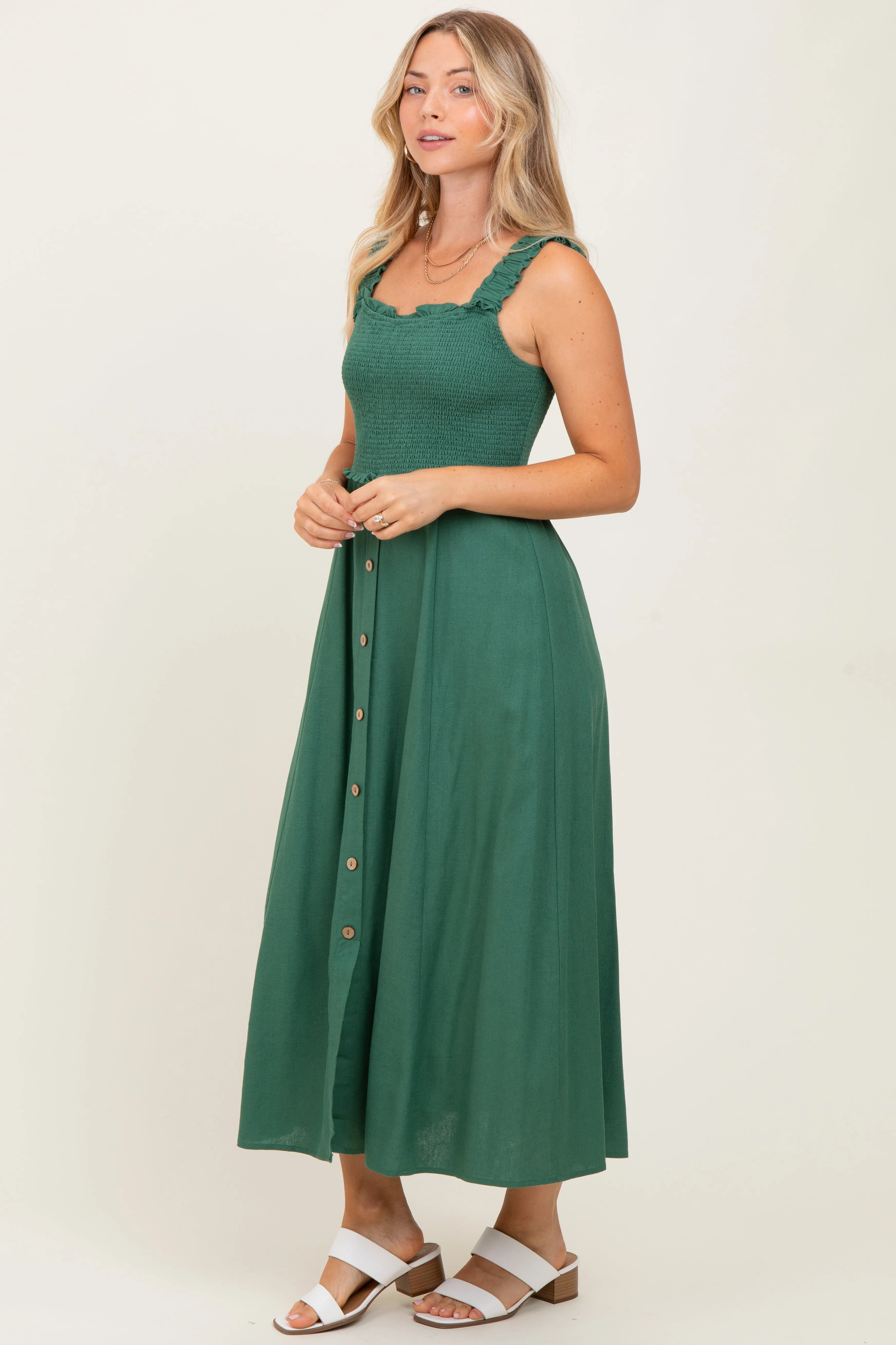 Green Smocked Sleeveless Button Down Midi Dress sold by Pinkblush product image thumbnail 3