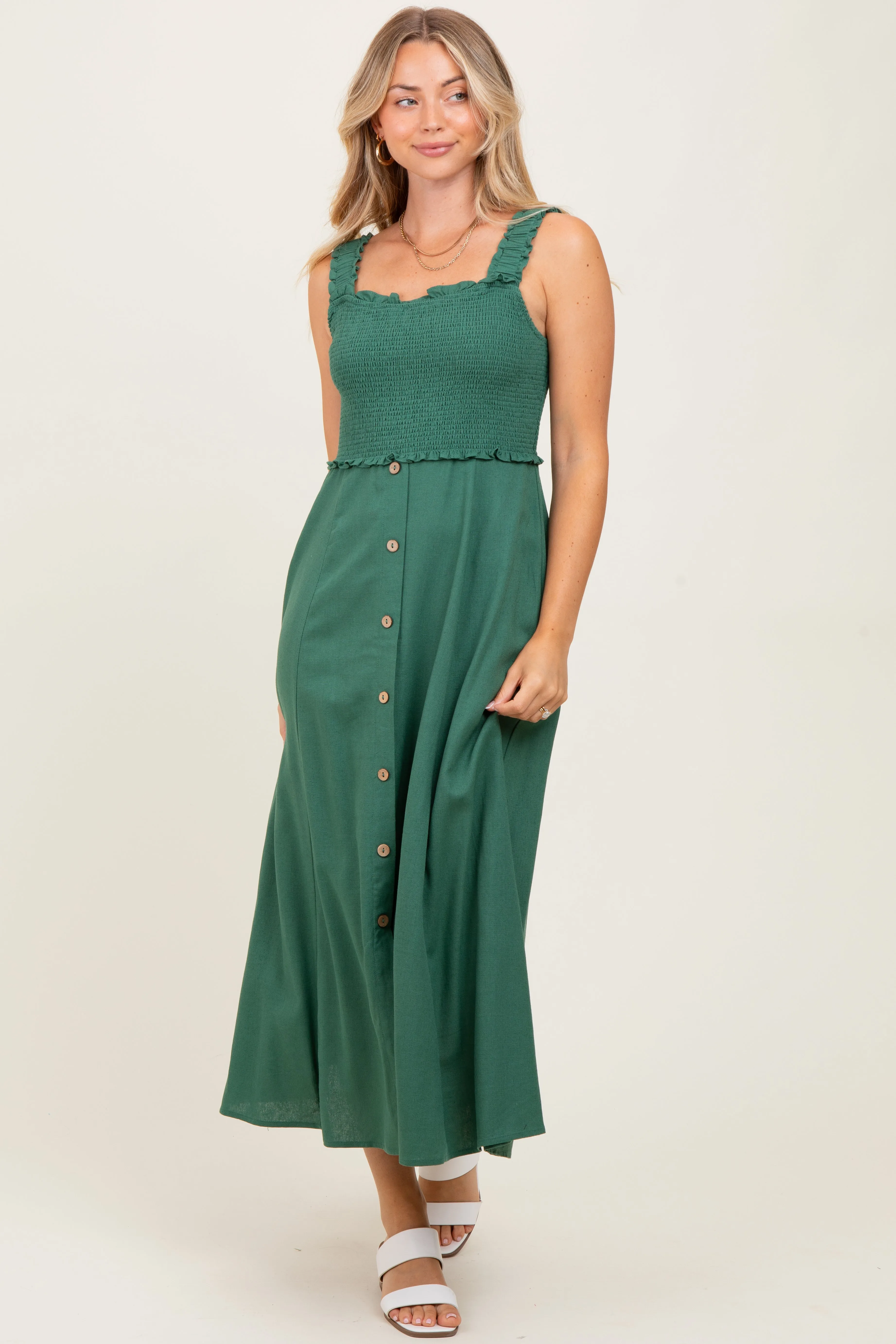 Green Smocked Sleeveless Button Down Midi Dress sold by Pinkblush product image thumbnail 2