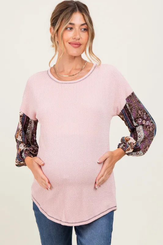 Light Pink Floral Ribbed Knit Colorblock Maternity Long Sleeve Top sold by Pinkblush
