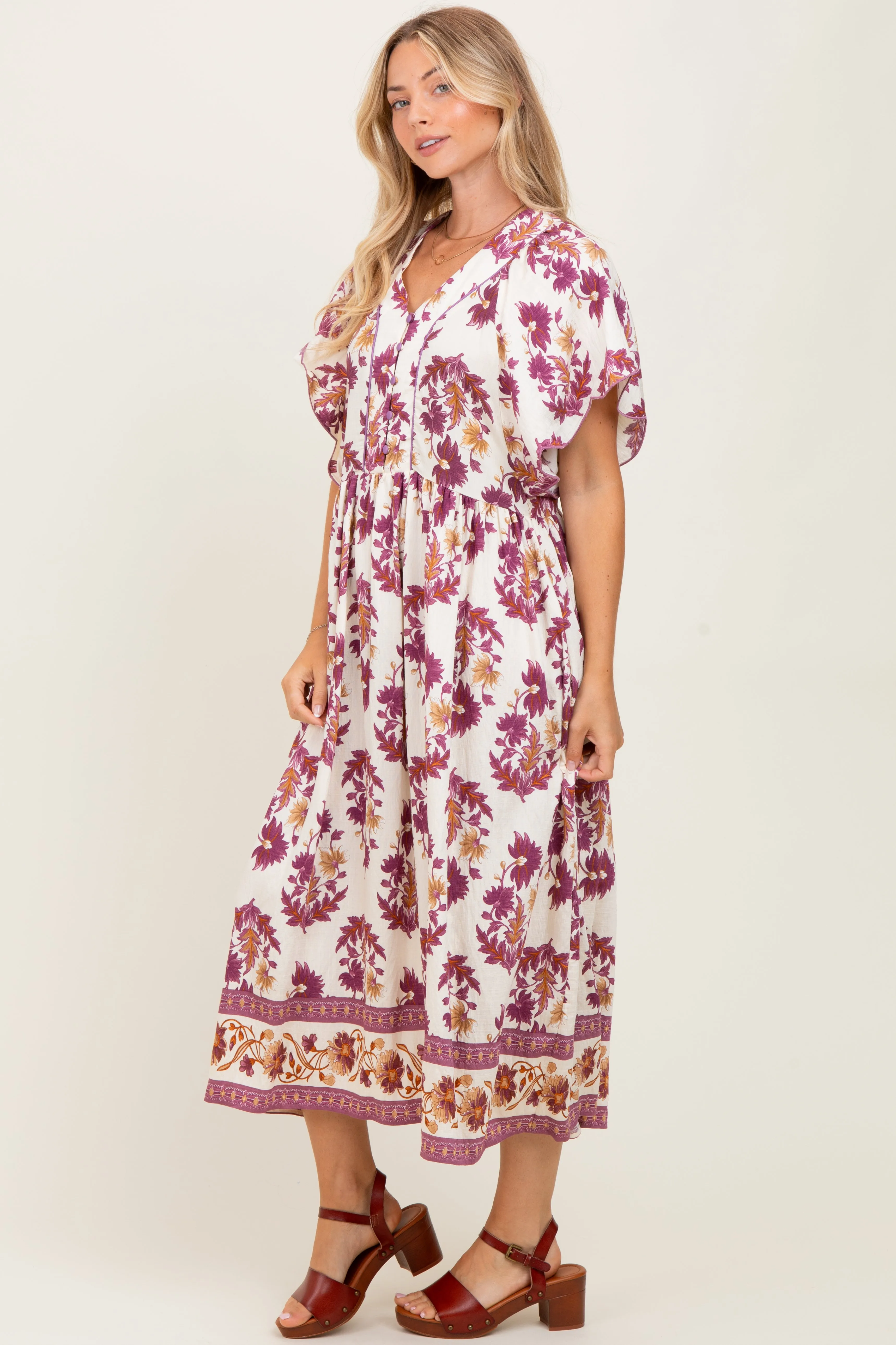 Plum Floral V-Neck Button Detail Mid Dress sold by Pinkblush product image thumbnail 2