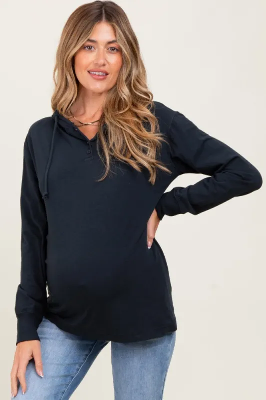 Navy Button Up Maternity Hooded Long Sleeve Top sold by Pinkblush