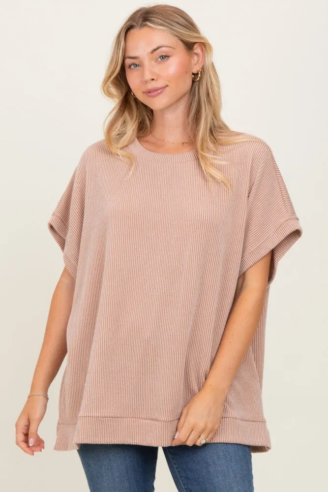 Mocha Solid Ribbed Short Sleeve Oversized Tunic Top sold by Pinkblush
