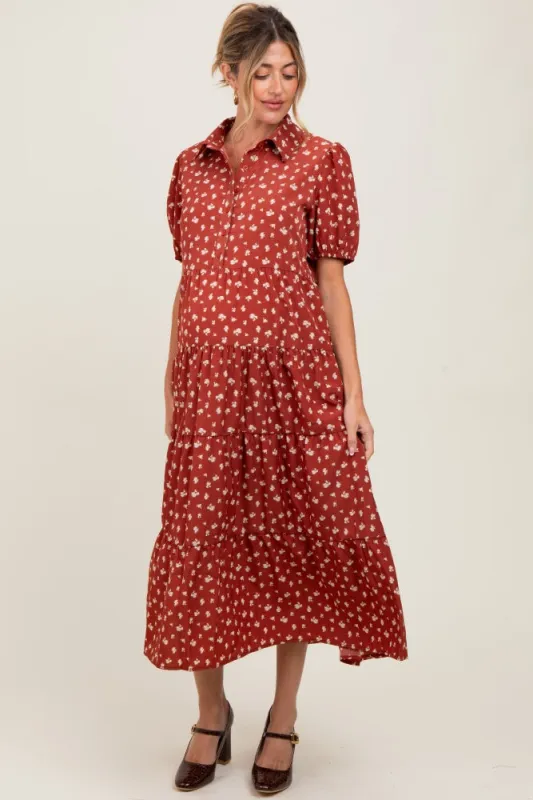 Rust Printed Button Up Tiered Maternity Midi Dress sold by Pinkblush