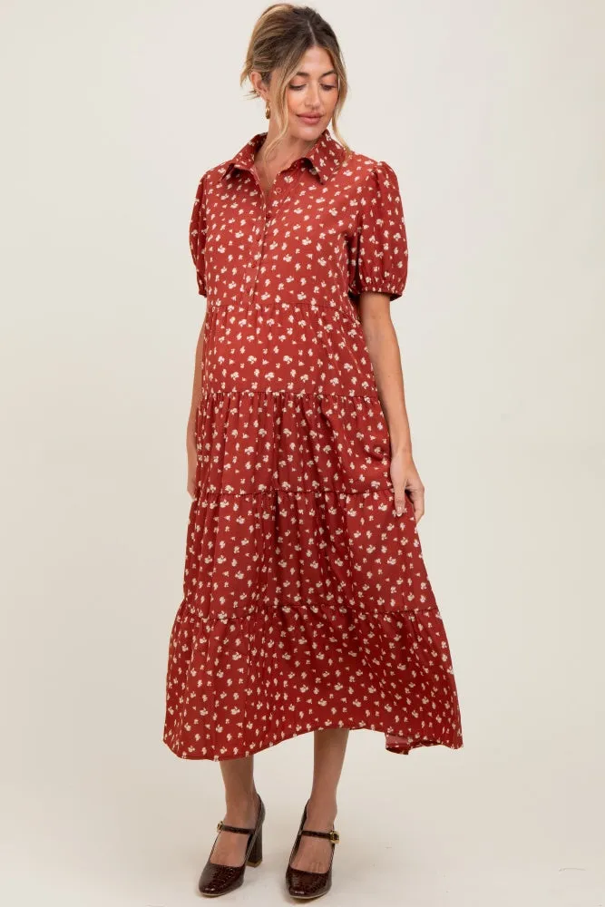 Rust Printed Button Up Tiered Maternity Midi Dress sold by Pinkblush