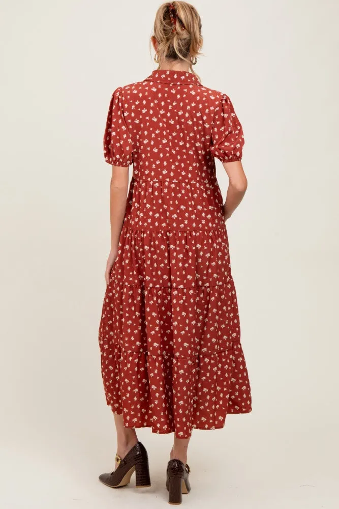 Rust Printed Button Up Tiered Maternity Midi Dress sold by Pinkblush product image thumbnail 2