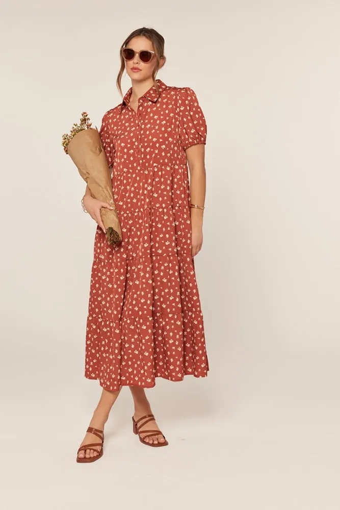 Rust Printed Button Up Tiered Maternity Midi Dress sold by Pinkblush product image thumbnail 3