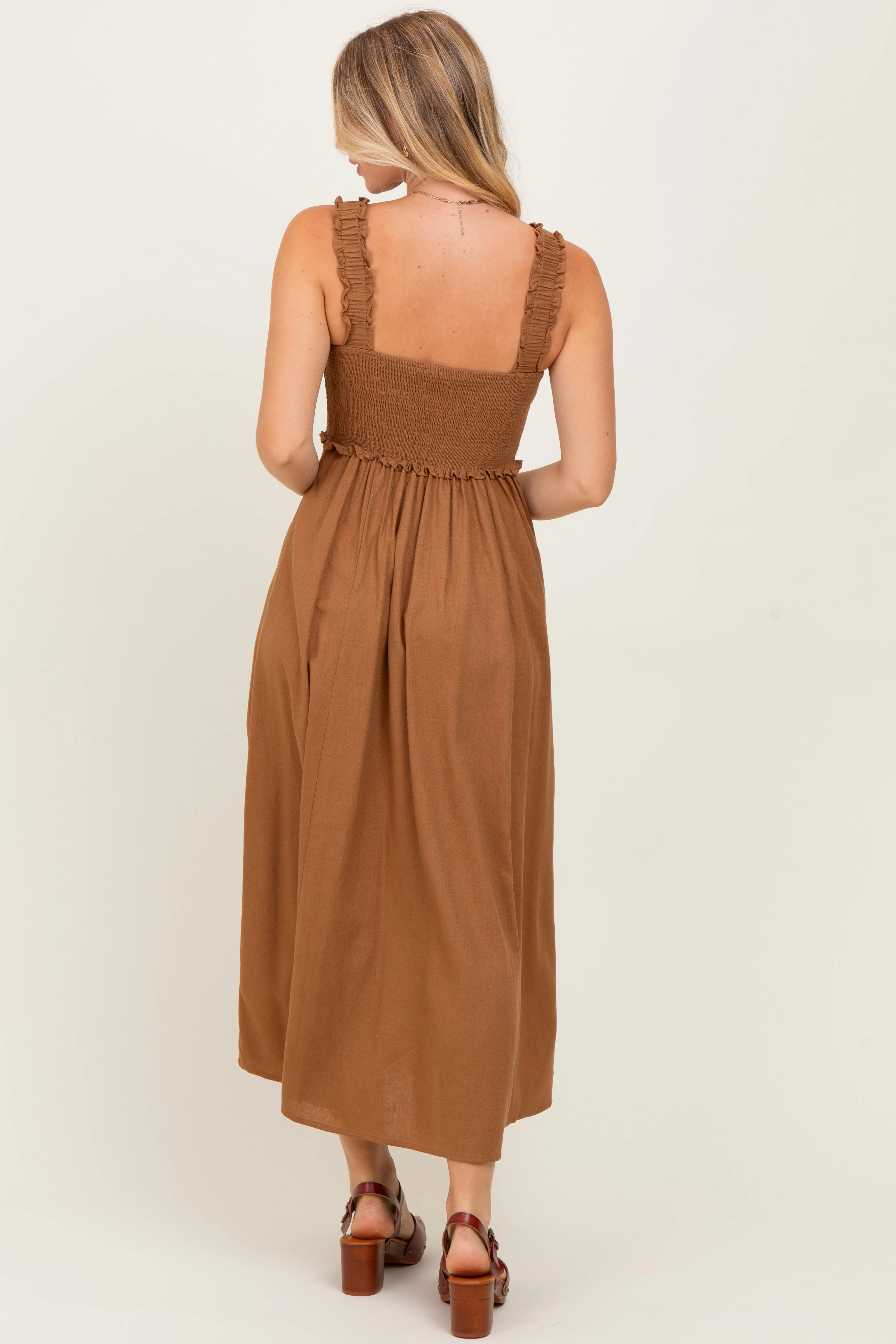Camel Smocked Sleeveless Button Down Midi Dress sold by Pinkblush product image thumbnail 3