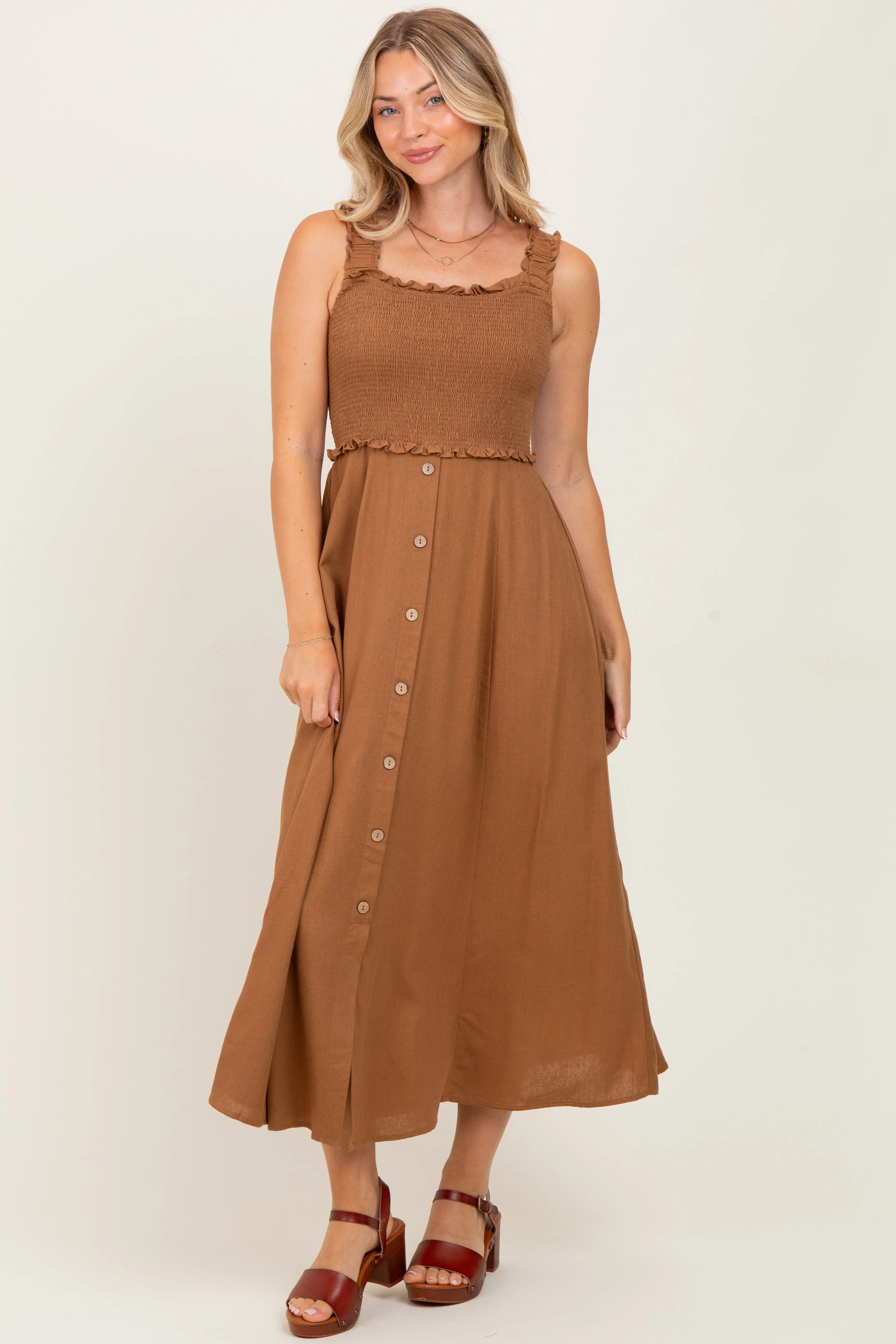 Camel Smocked Sleeveless Button Down Midi Dress sold by Pinkblush