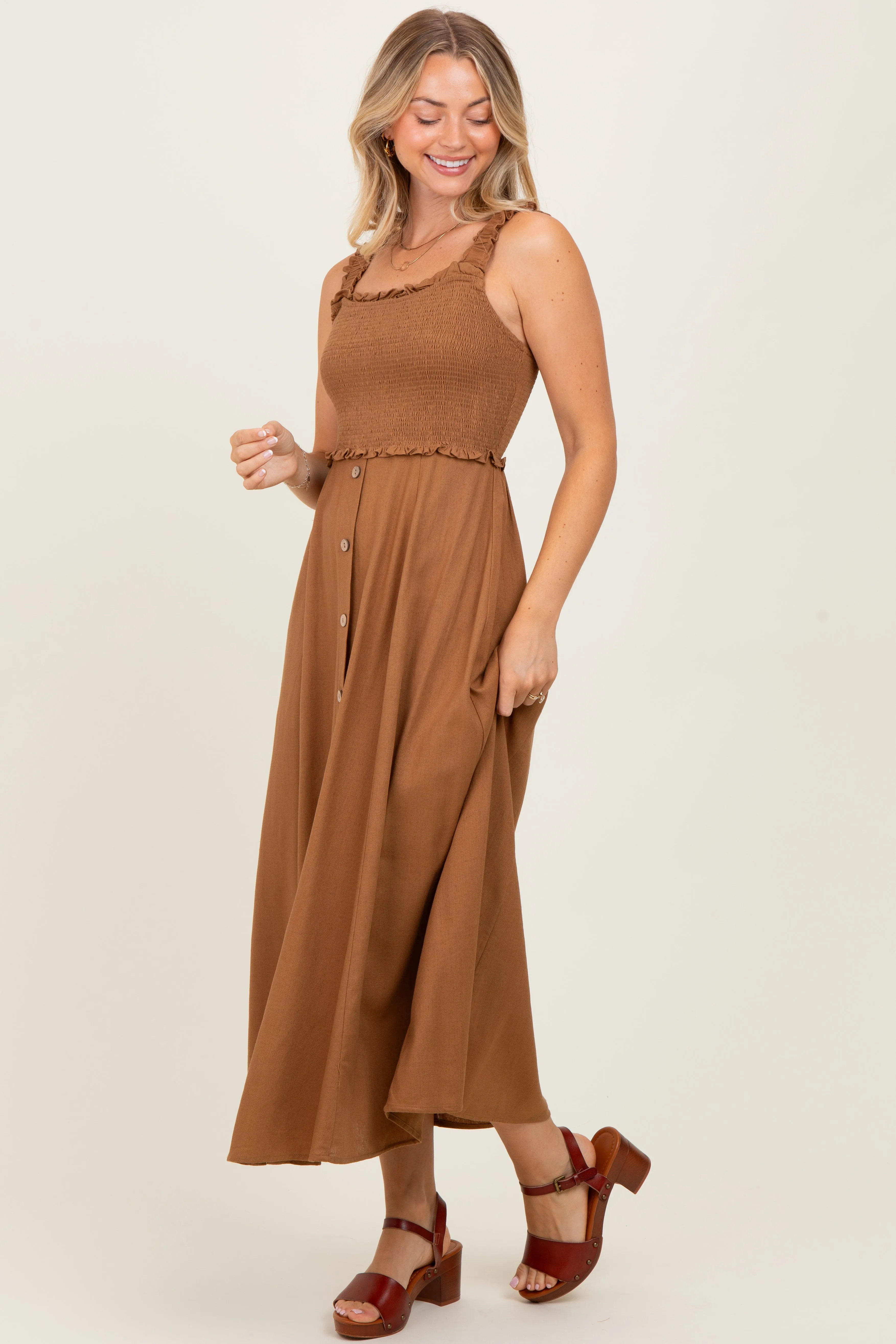 Camel Smocked Sleeveless Button Down Midi Dress sold by Pinkblush product image thumbnail 2