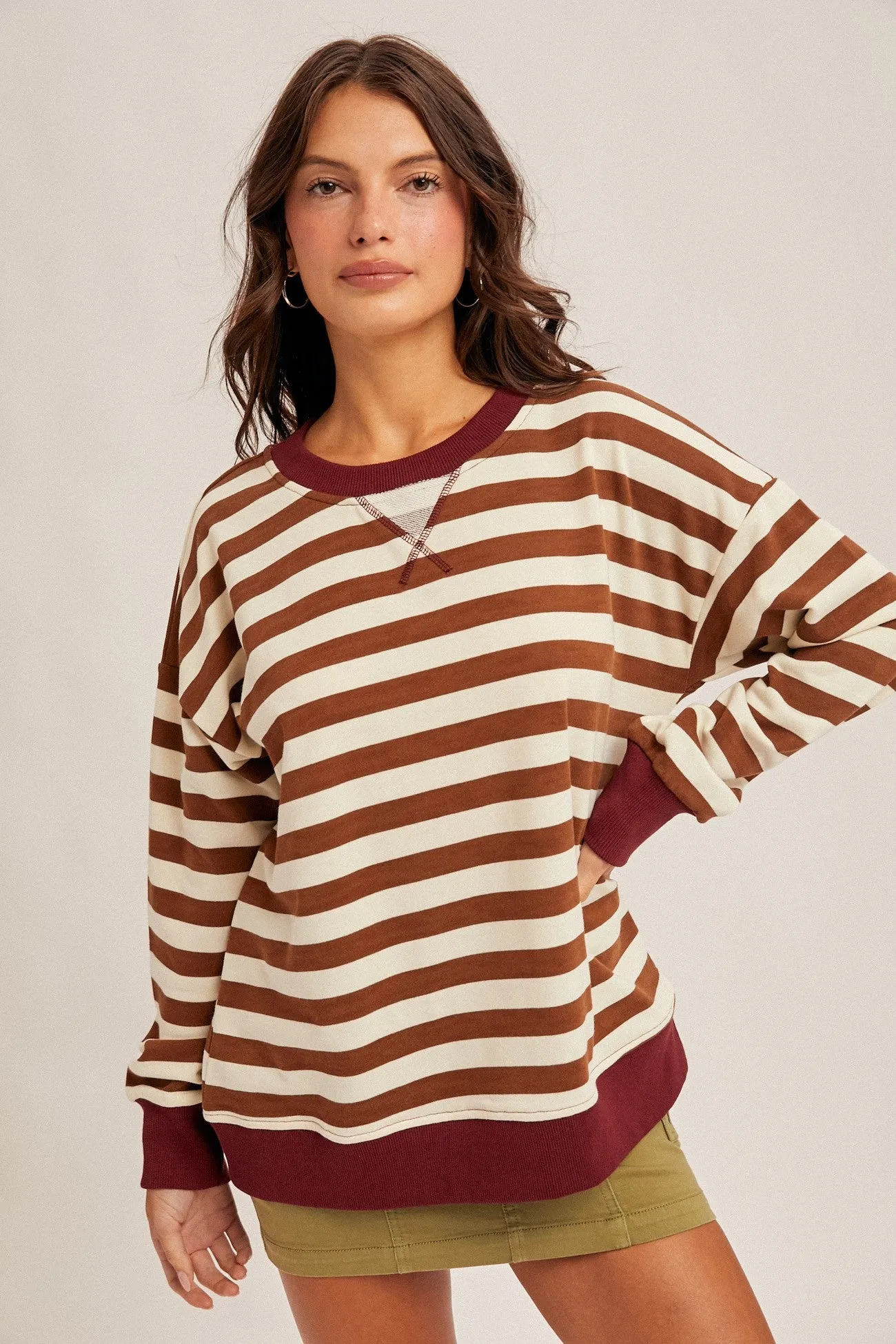 Brown Contrast Stripe Oversized Maternity Sweatshirt sold by Pinkblush product image thumbnail 4