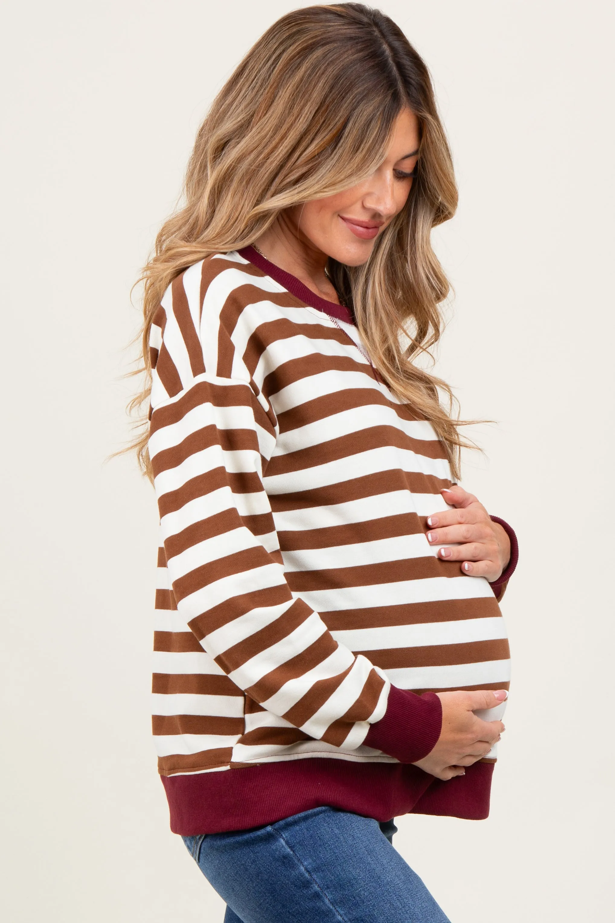 Brown Contrast Stripe Oversized Maternity Sweatshirt sold by Pinkblush product image thumbnail 2