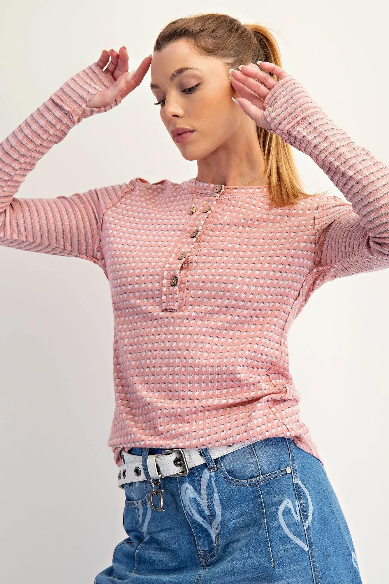 Pink Mixed Print Henley Long Sleeve Top sold by Pinkblush