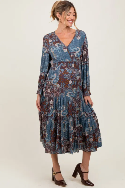 Teal Paisley Print Smocked Waist Tiered Maternity Midi Dress sold by Pinkblush