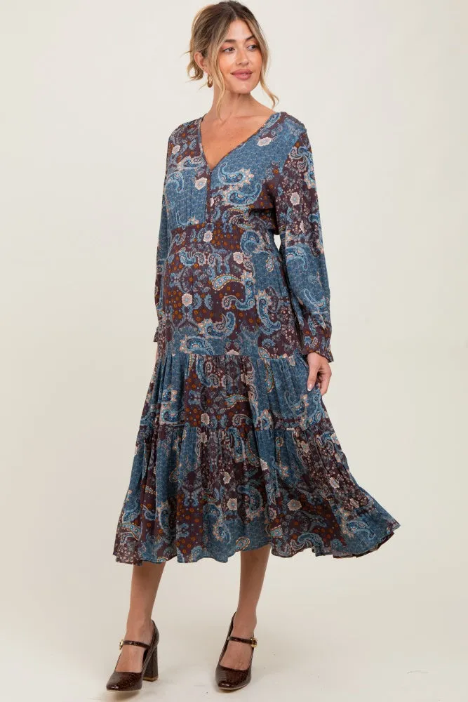 Teal Paisley Print Smocked Waist Tiered Maternity Midi Dress sold by Pinkblush product image thumbnail 2